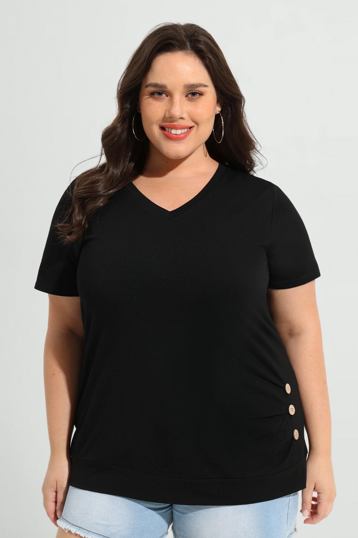 Ritera Solid Button Side V Neck Short Sleeve T-Shirt