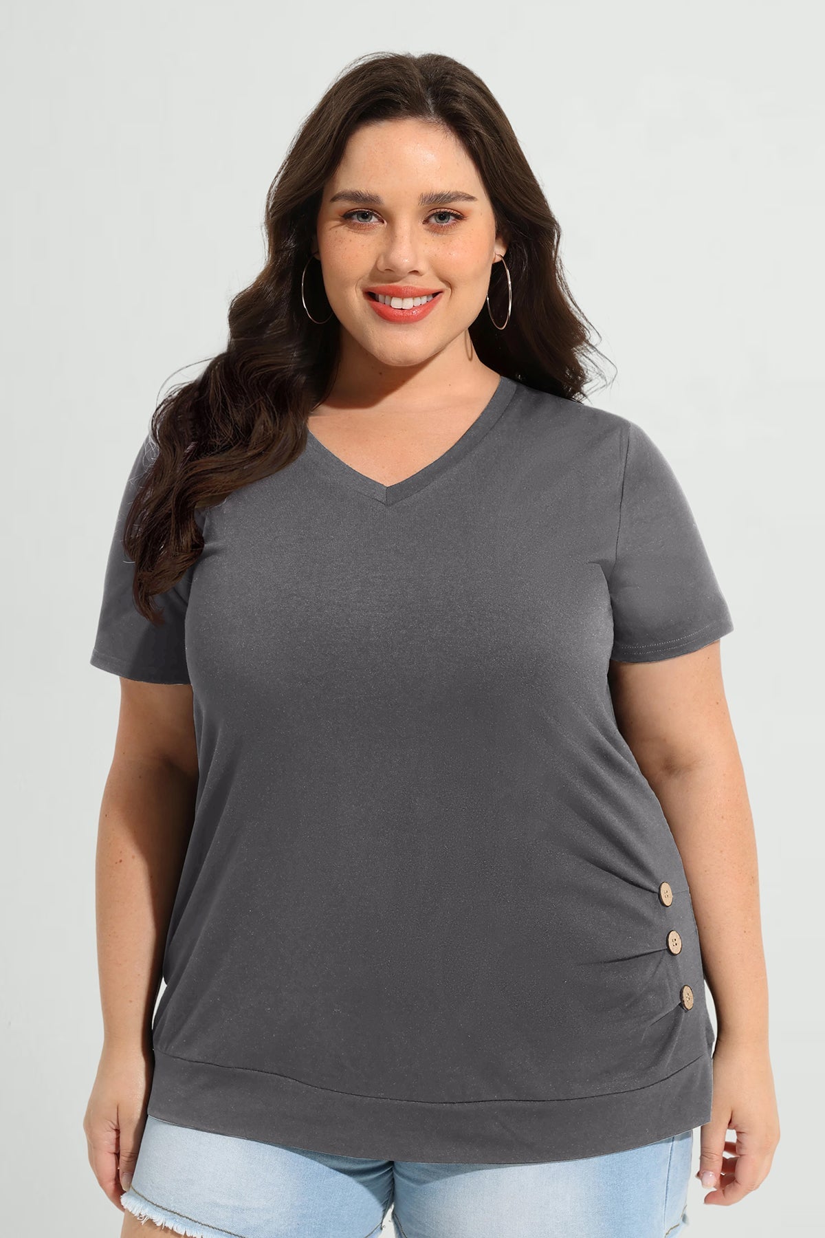 Ritera Solid Button Side V Neck Short Sleeve T-Shirt