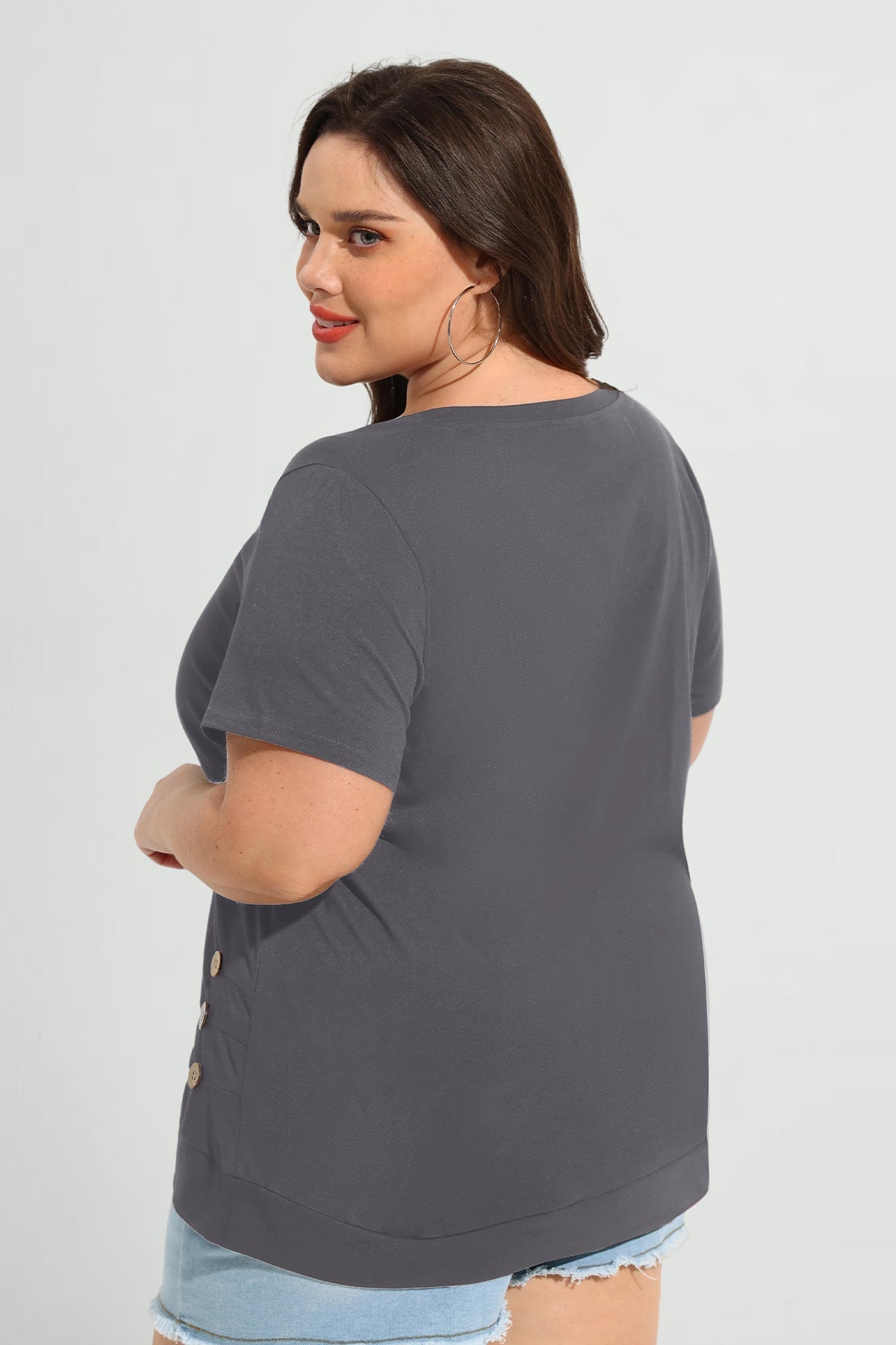 Ritera Solid Button Side V Neck Short Sleeve T-Shirt