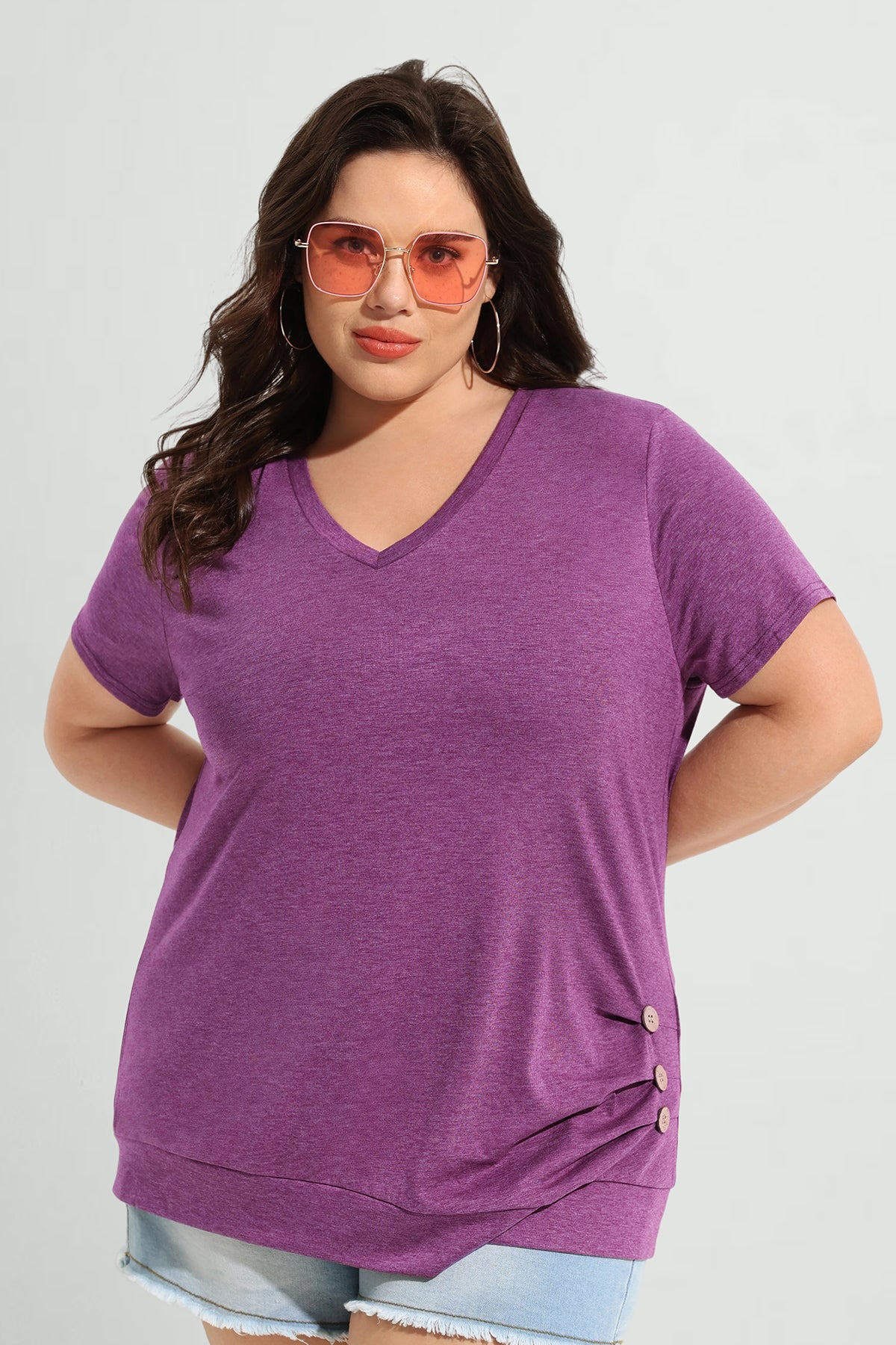 Ritera Solid Button Side V Neck Short Sleeve T-Shirt