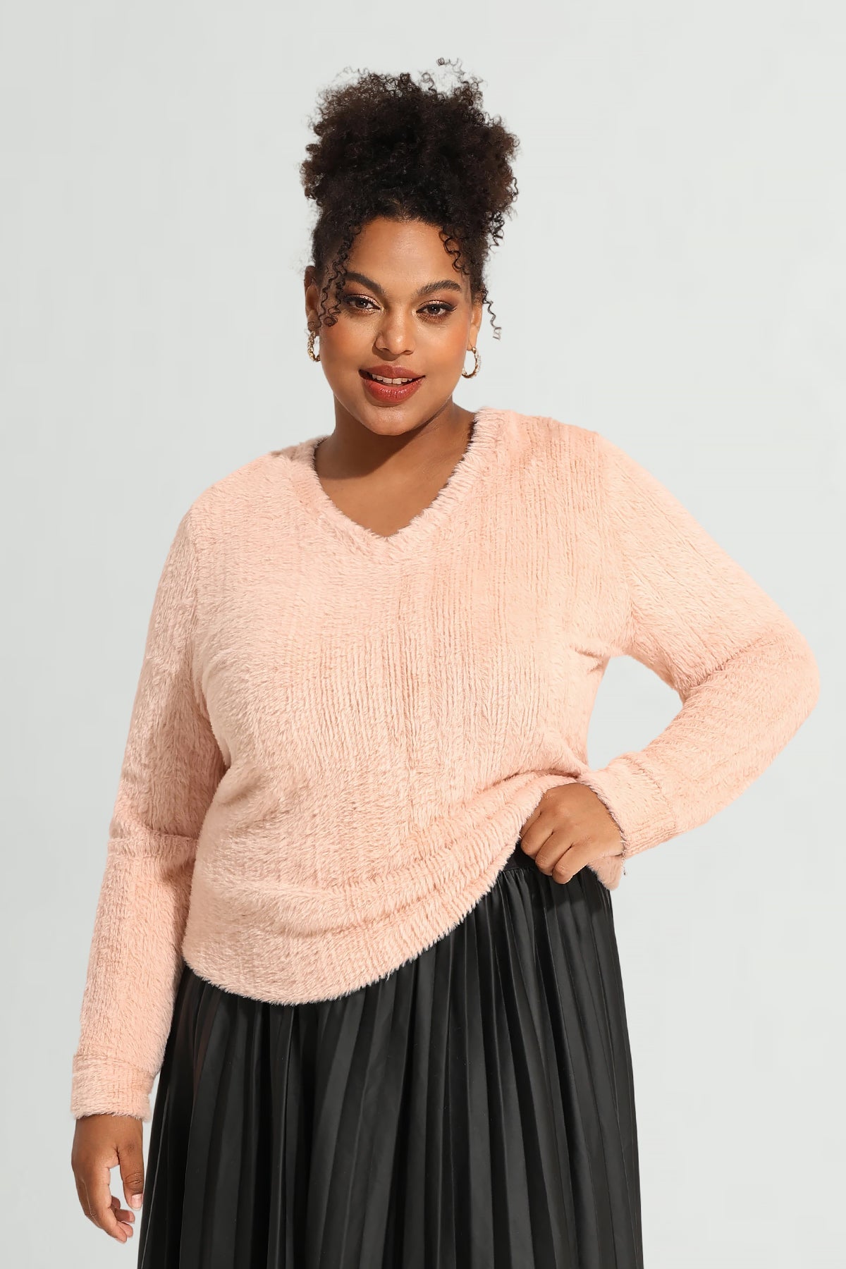 Solid V Neck Knit Velvet Long Sleeve Pullover Sweater