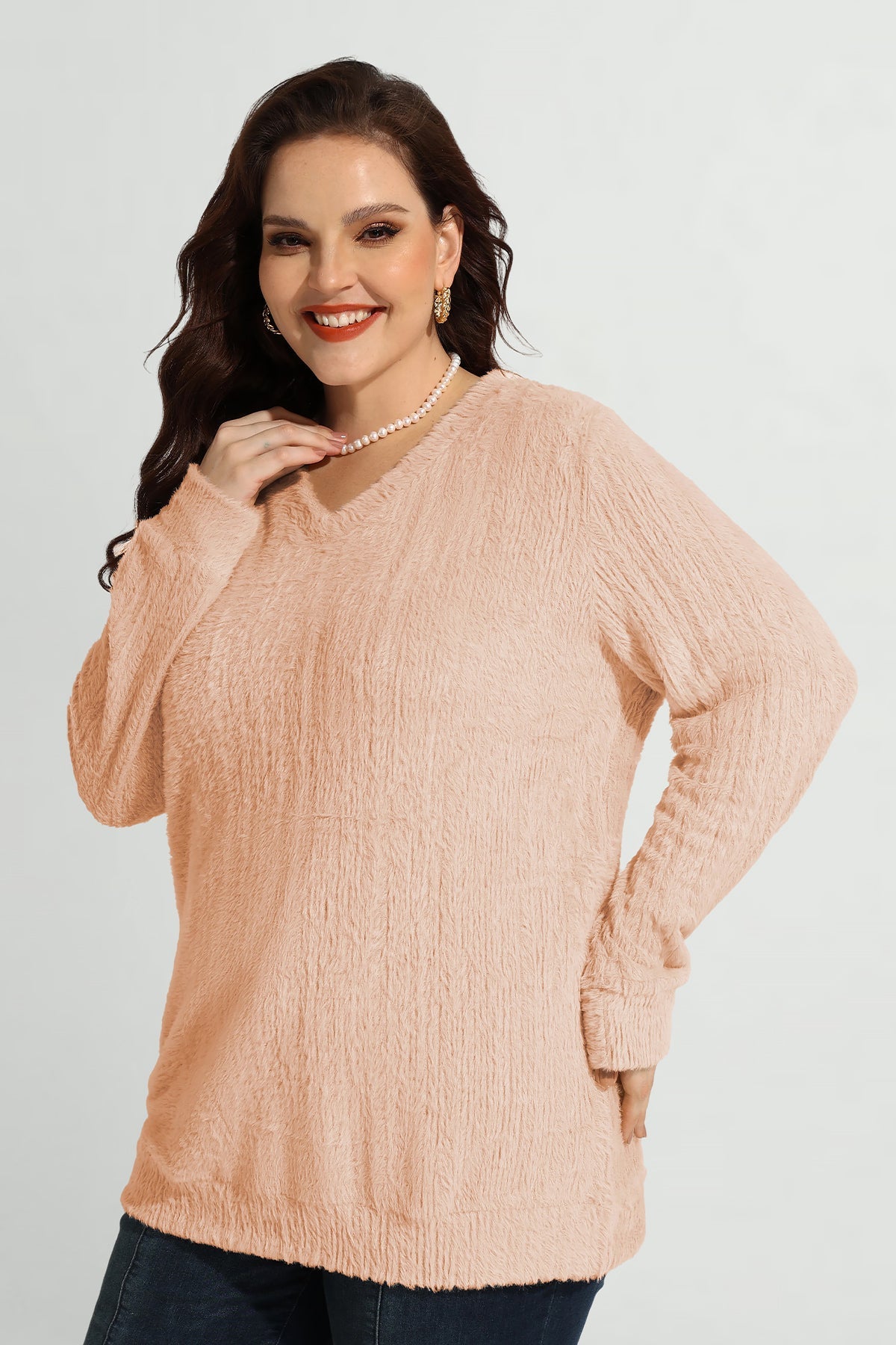 Texture V Neck Knit Velvet Long Sleeve Pullover Sweater