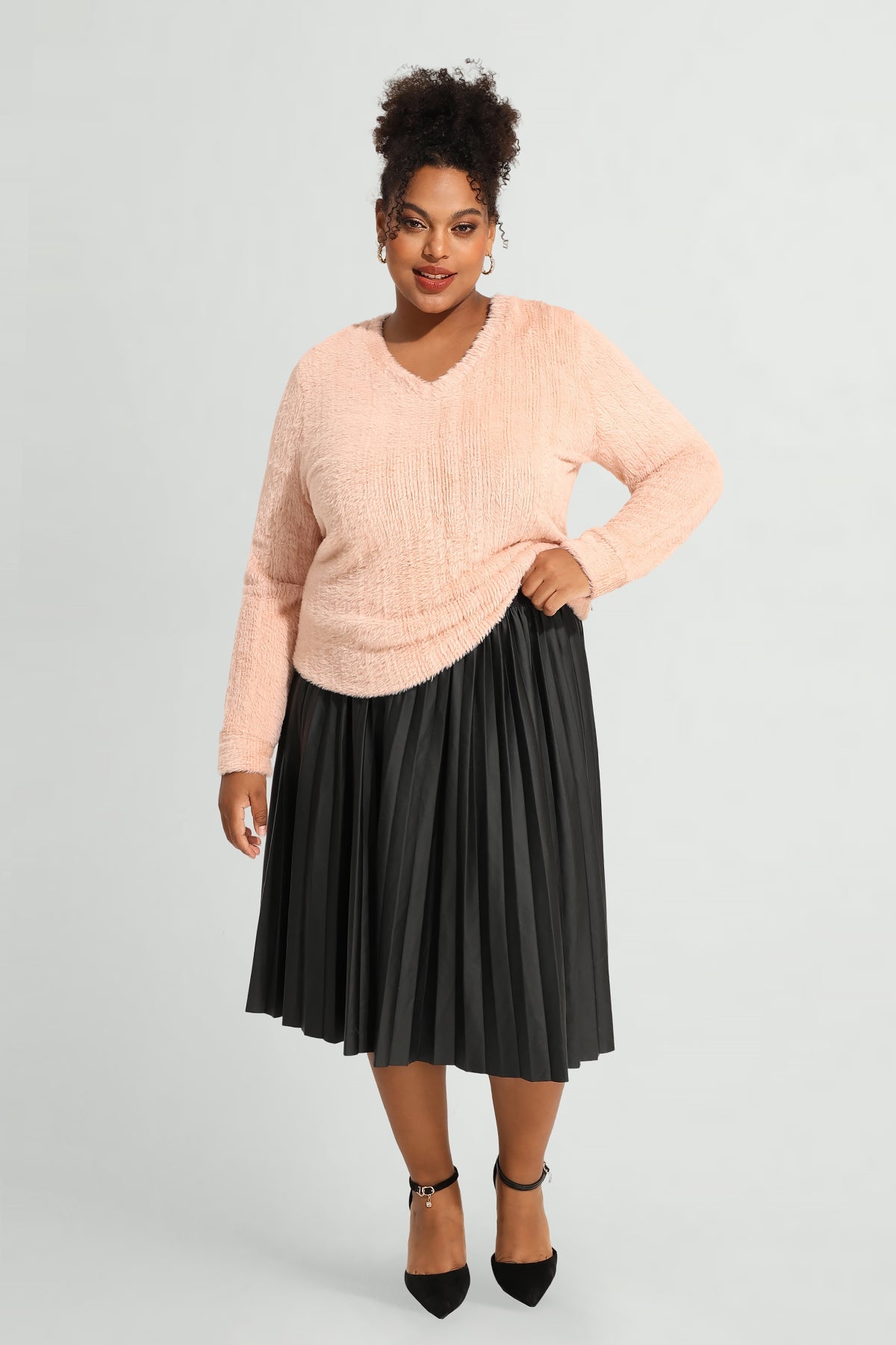 Solid V Neck Knit Velvet Long Sleeve Pullover Sweater