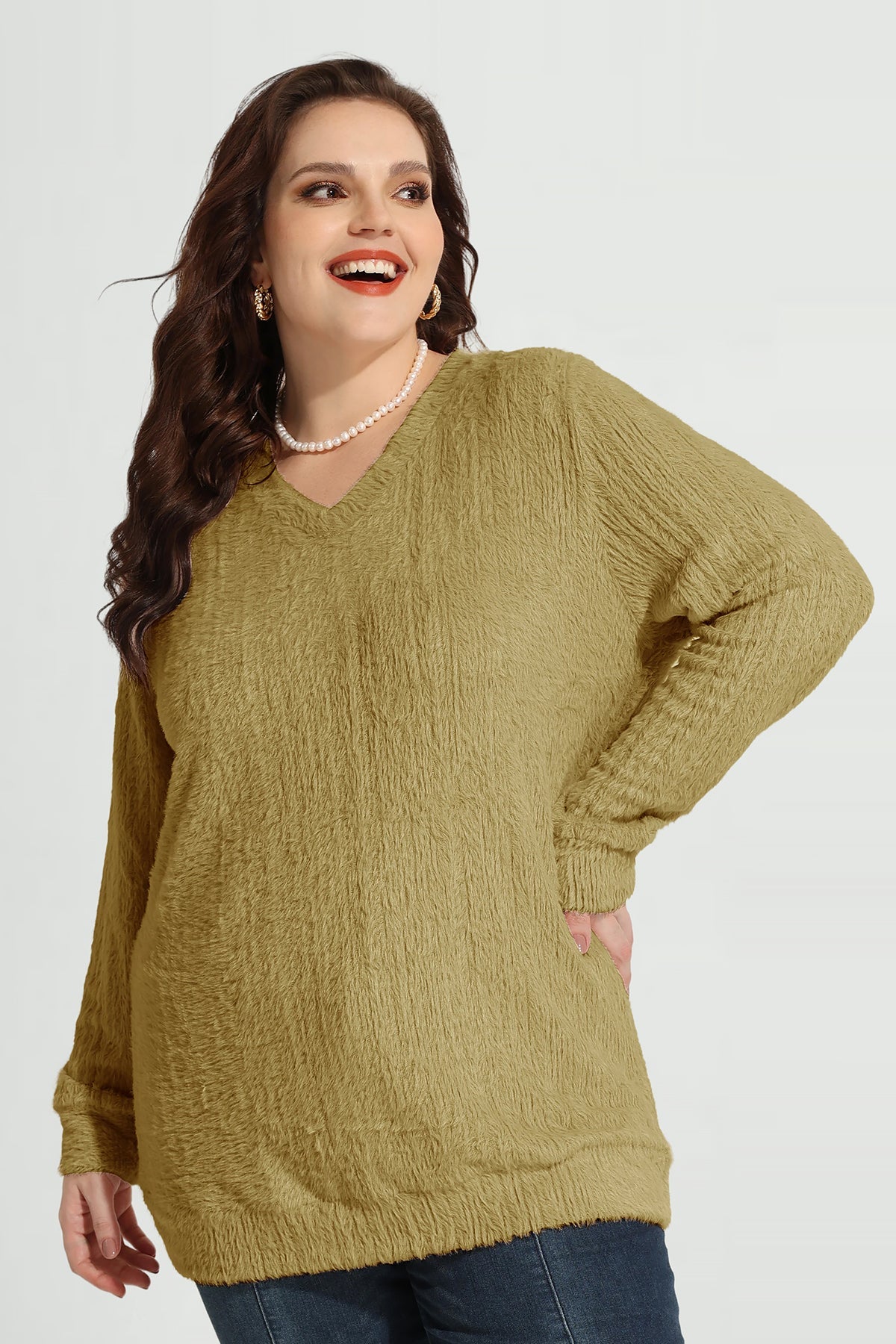 Texture V Neck Knit Velvet Long Sleeve Pullover Sweater