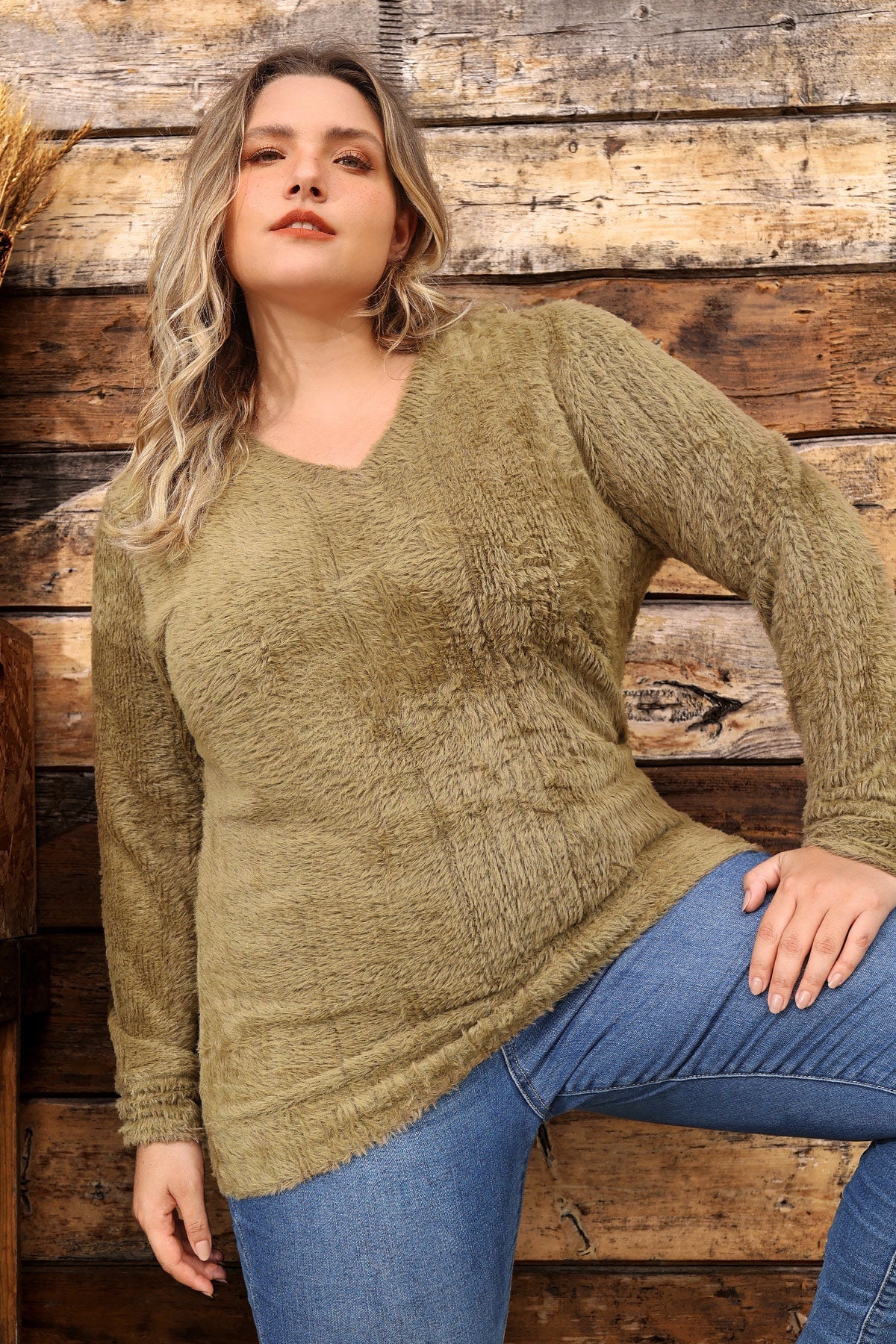 Texture V Neck Knit Velvet Long Sleeve Pullover Sweater