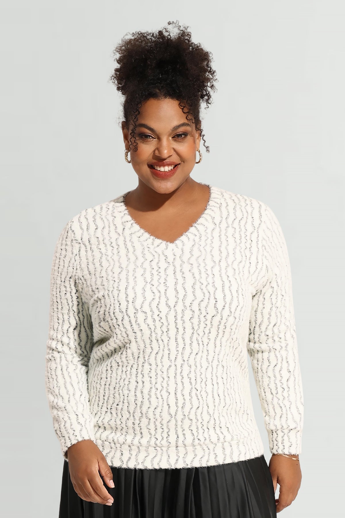 Solid V Neck Knit Velvet Long Sleeve Pullover Sweater