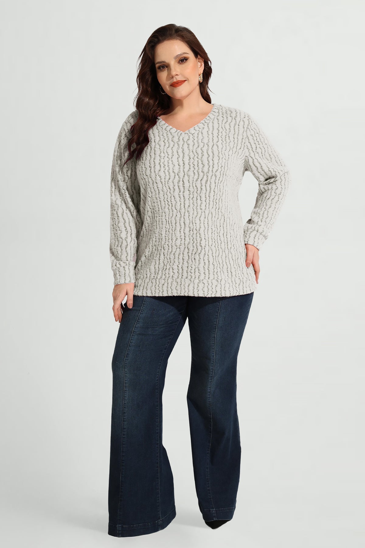 Texture V Neck Knit Velvet Long Sleeve Pullover Sweater