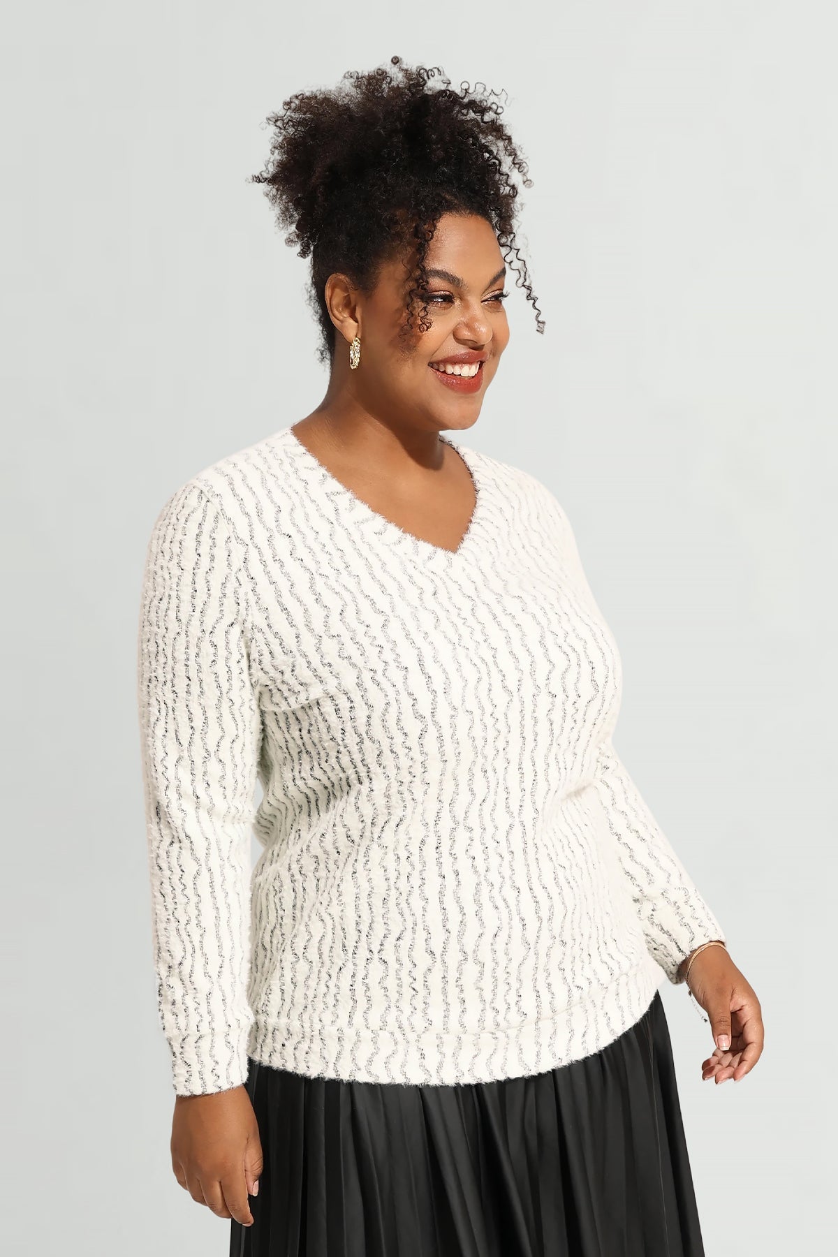 Solid V Neck Knit Velvet Long Sleeve Pullover Sweater