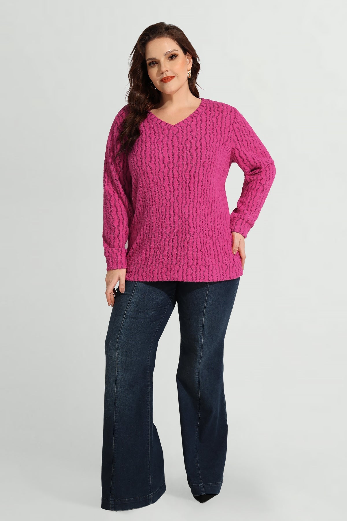 Texture V Neck Knit Velvet Long Sleeve Pullover Sweater