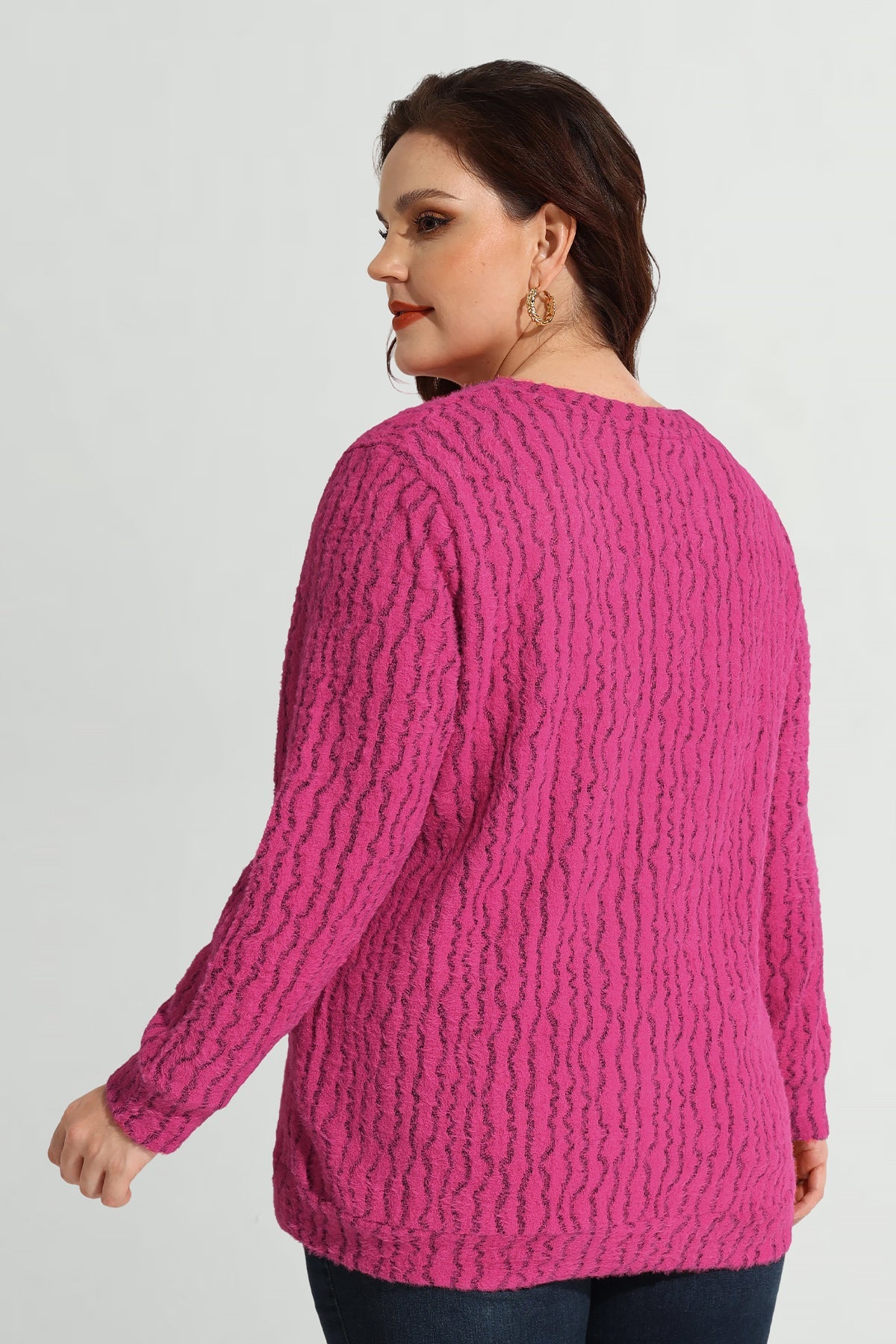 Texture V Neck Knit Velvet Long Sleeve Pullover Sweater