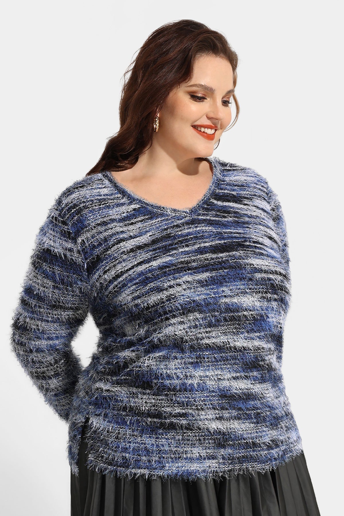 Striped Velvet Knit Split Hem Long Sleeve Sweater