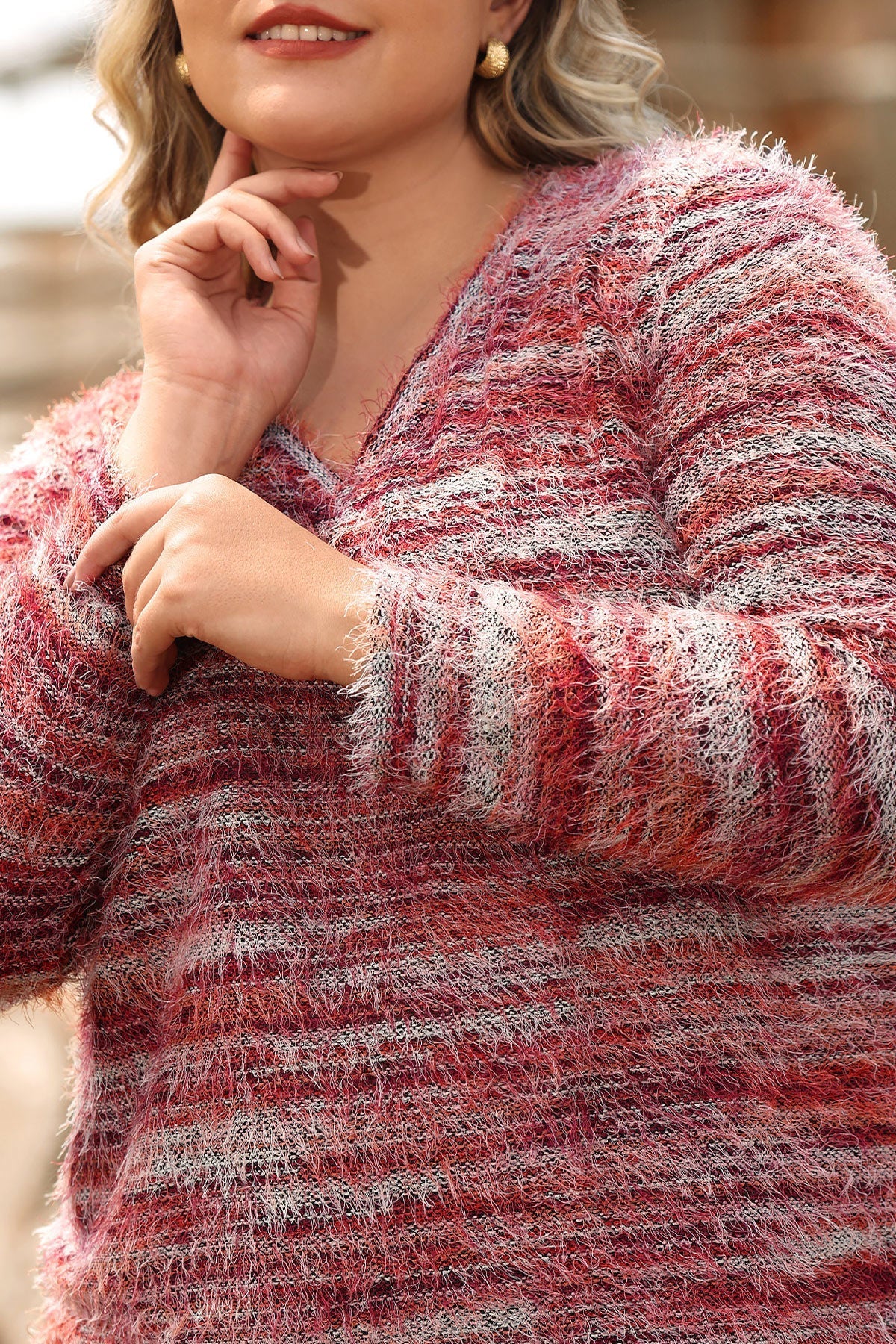 Striped Velvet Knit Split Hem Long Sleeve Sweater