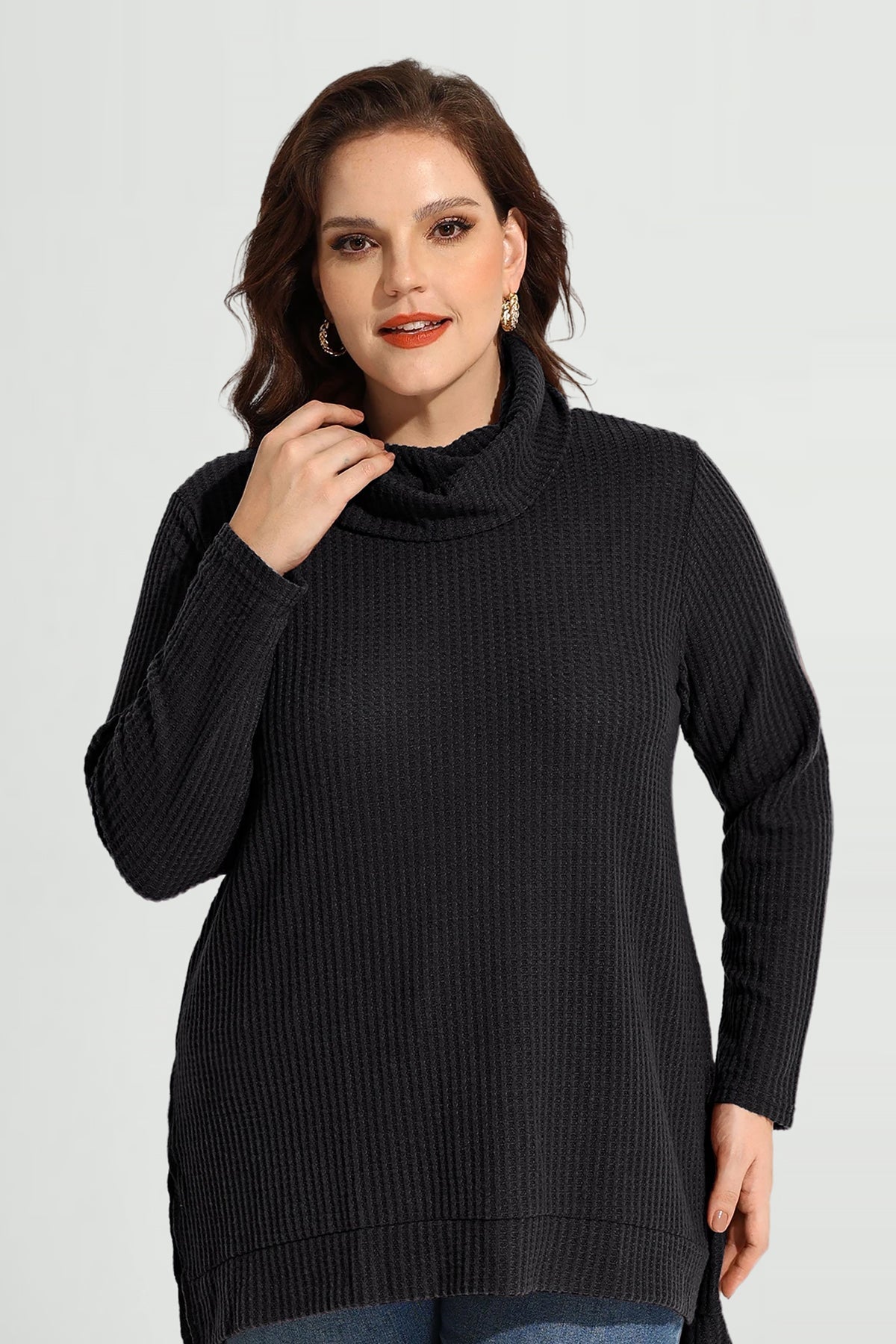 Cowl Neck Split Hem Long Sleeve Tunic Shirt