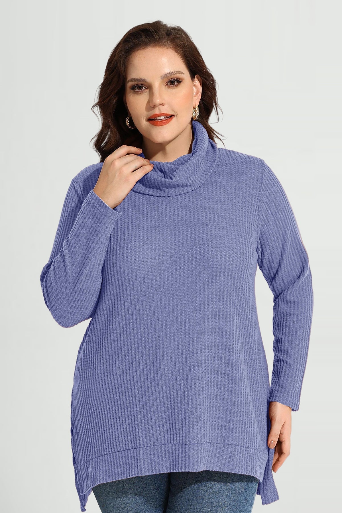 Cowl Neck Split Hem Long Sleeve Tunic Shirt