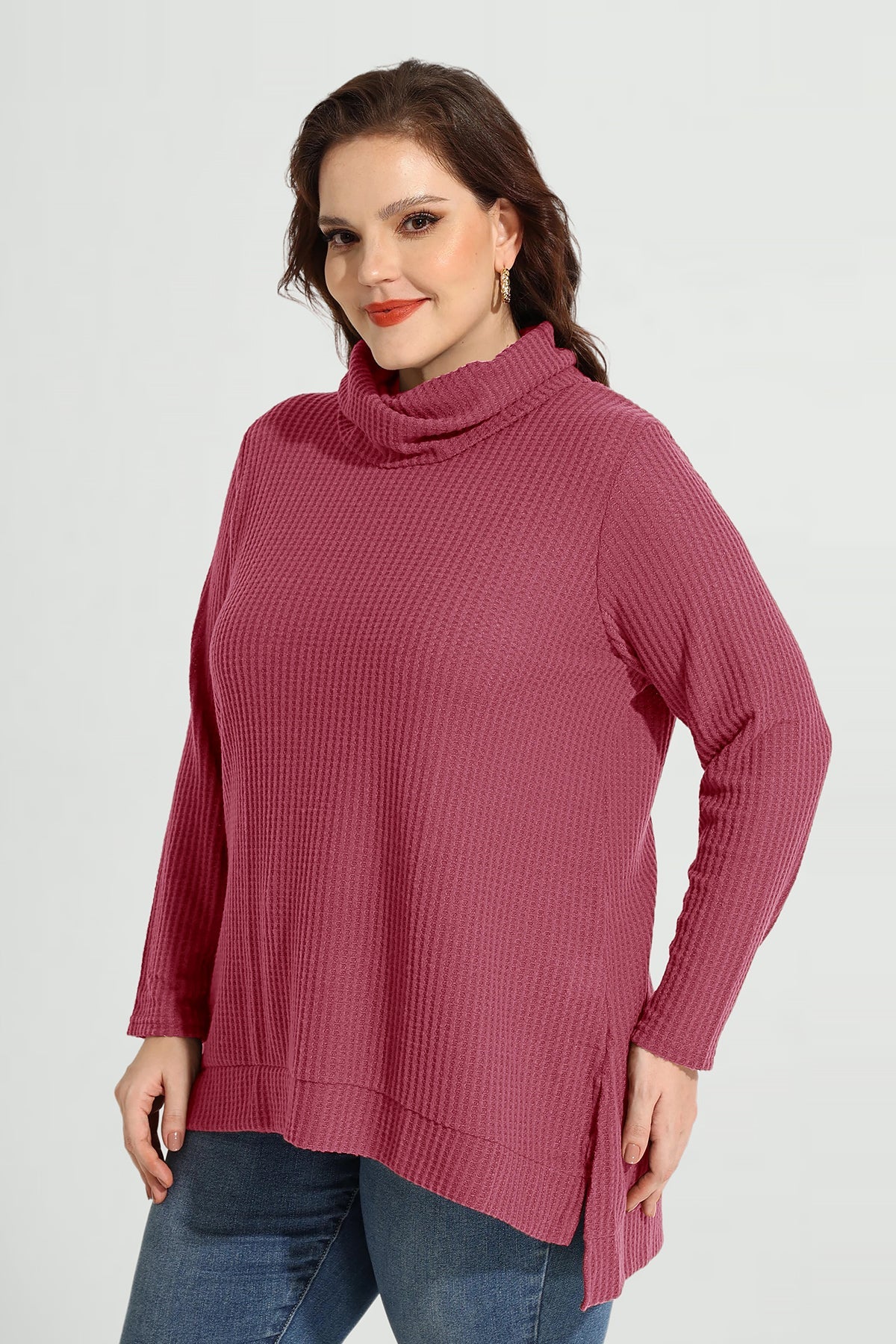 Cowl Neck Split Hem Long Sleeve Tunic Shirt