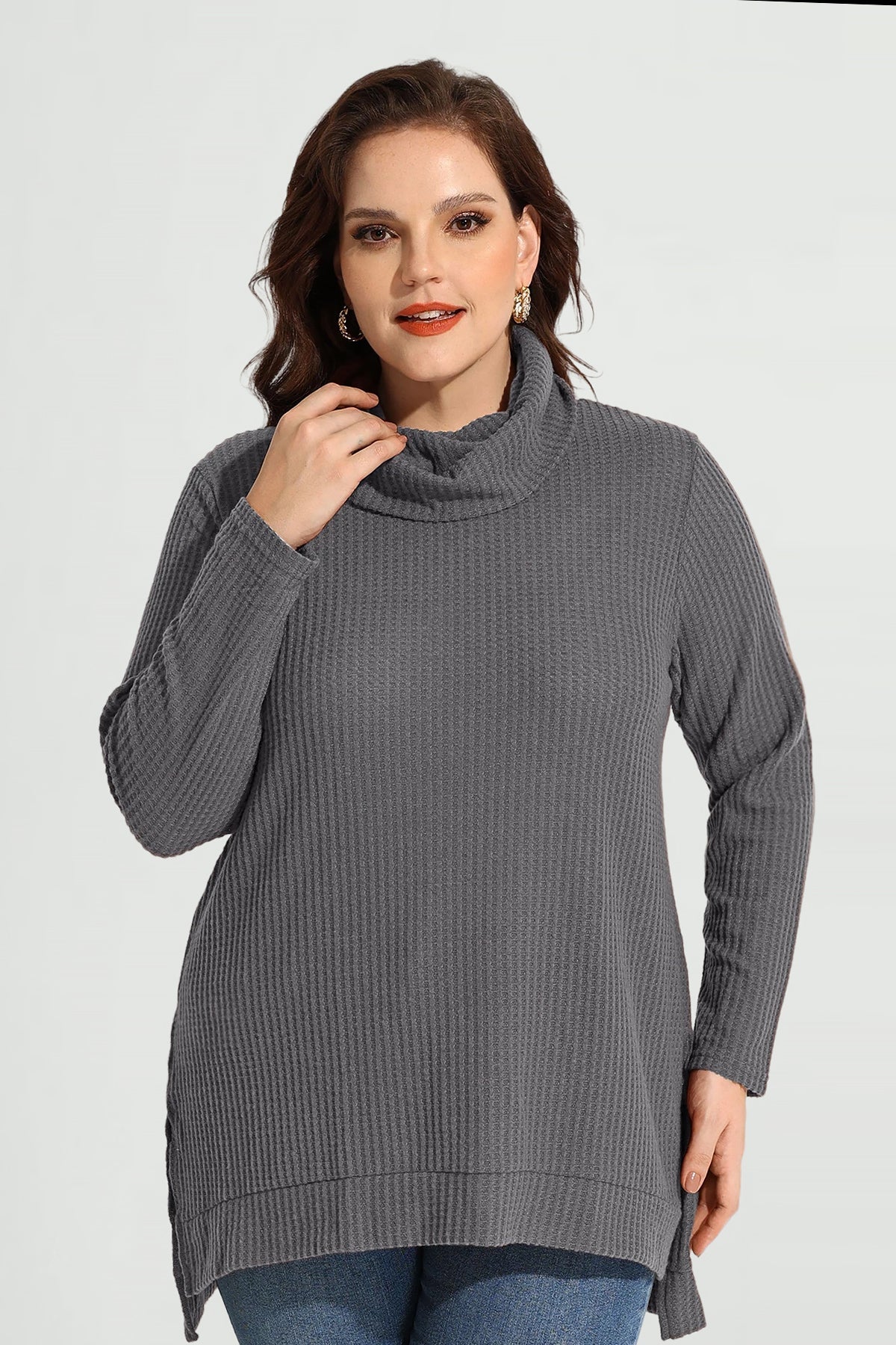Cowl Neck Split Hem Long Sleeve Tunic Shirt
