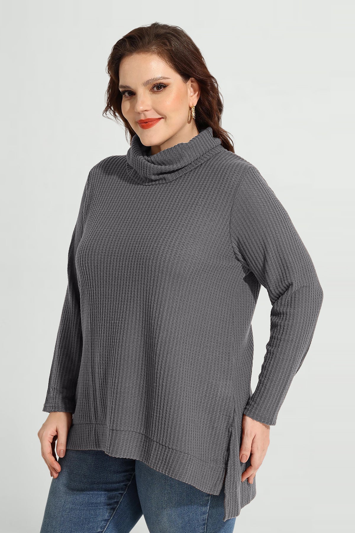 Cowl Neck Split Hem Long Sleeve Tunic Shirt