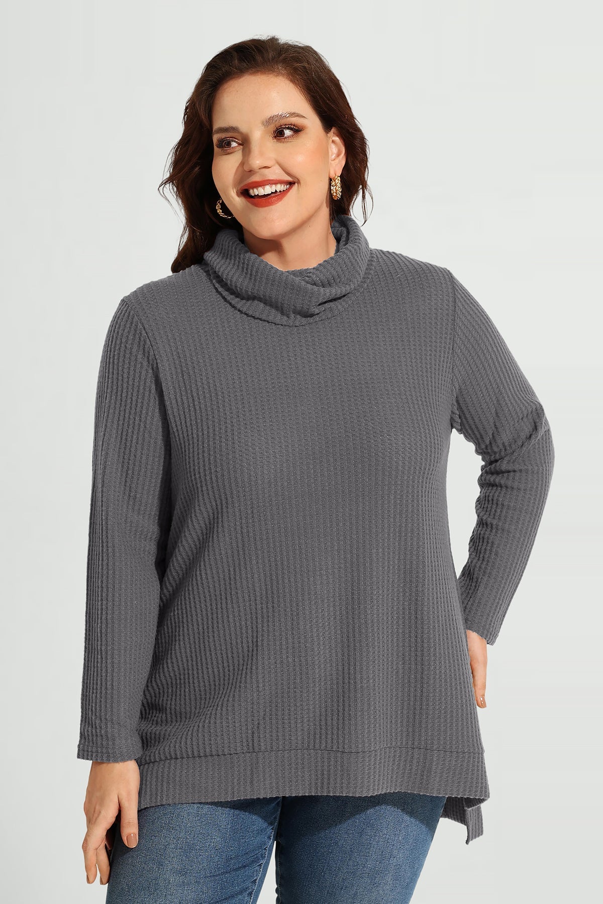 Cowl Neck Split Hem Long Sleeve Tunic Shirt