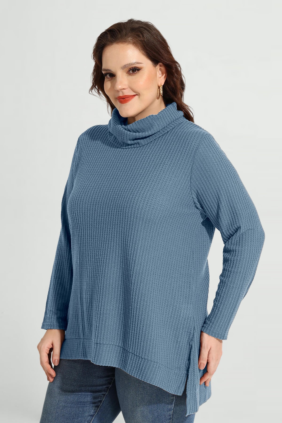 Cowl Neck Split Hem Long Sleeve Tunic Shirt
