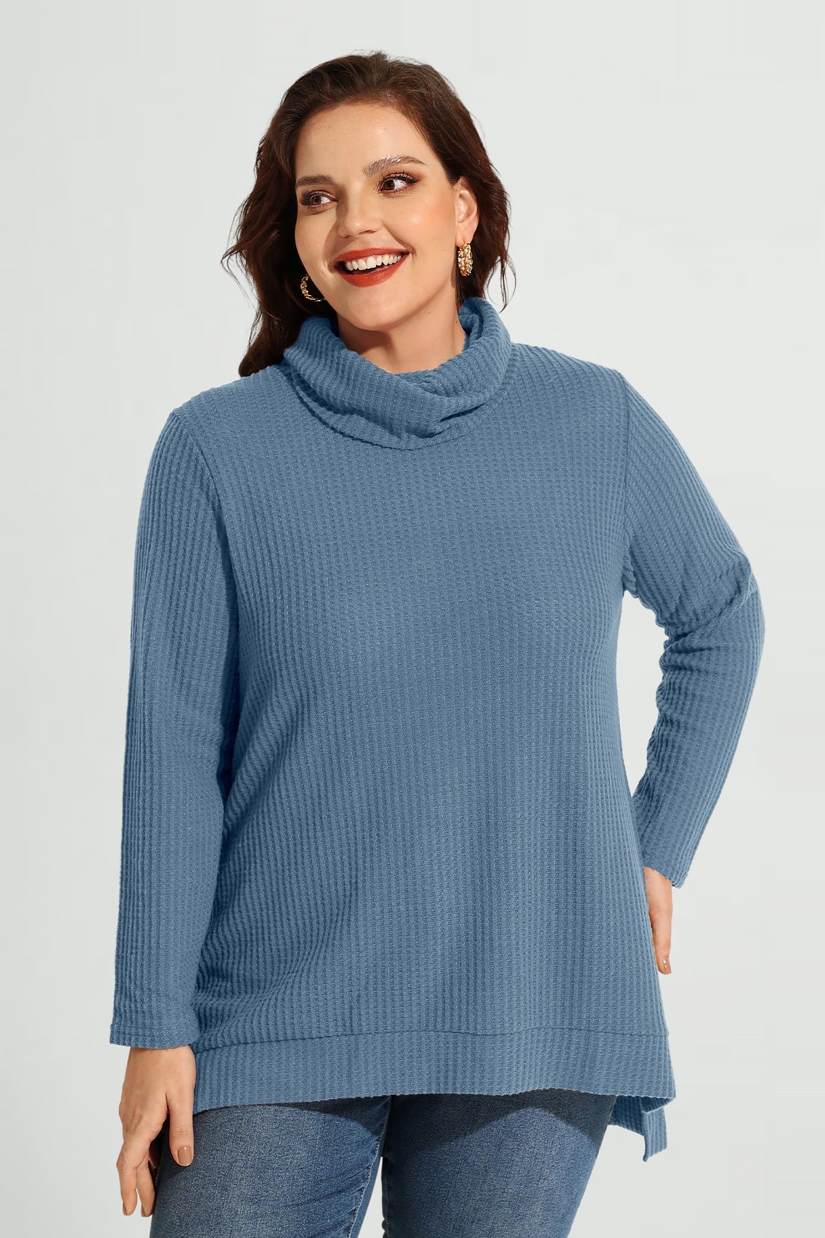 Cowl Neck Split Hem Long Sleeve Tunic Shirt