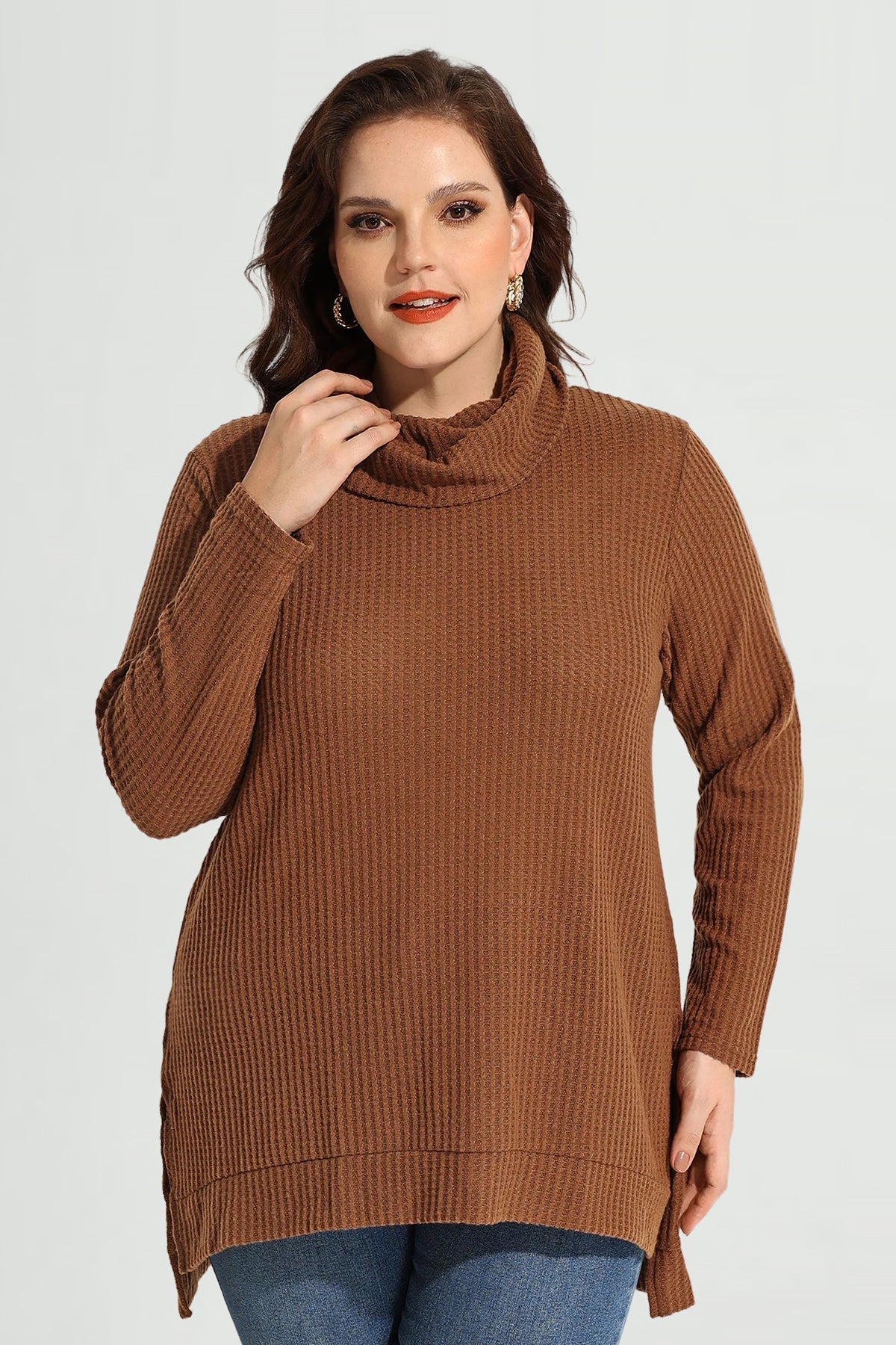 Cowl Neck Split Hem Long Sleeve Tunic Shirt