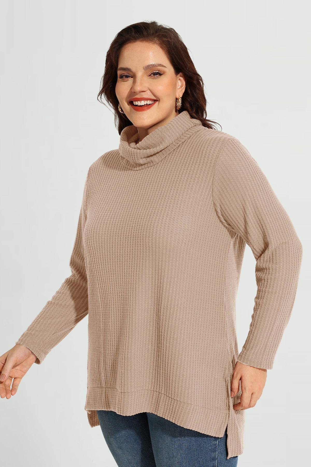 Cowl Neck Split Hem Long Sleeve Tunic Shirt