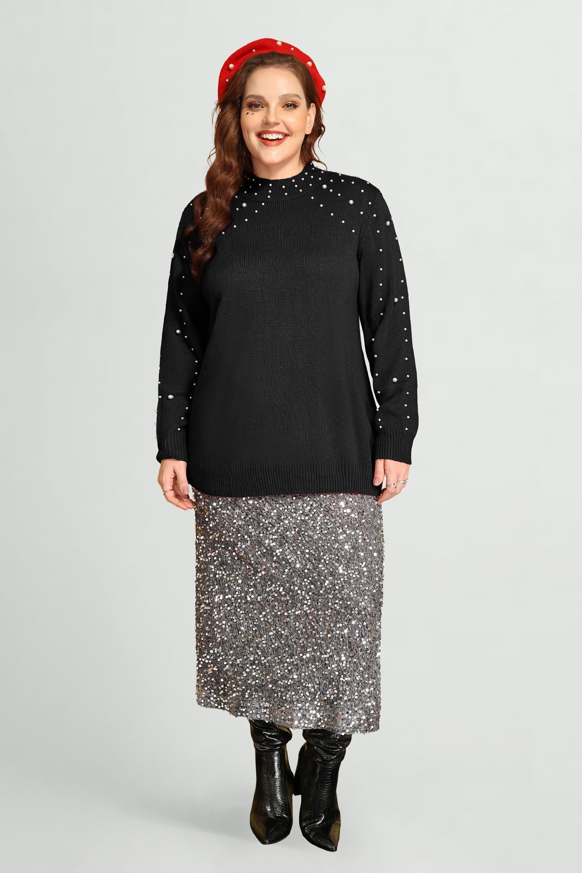 Pearl Embellished Crewneck Long Sleeve Pullover Sweater