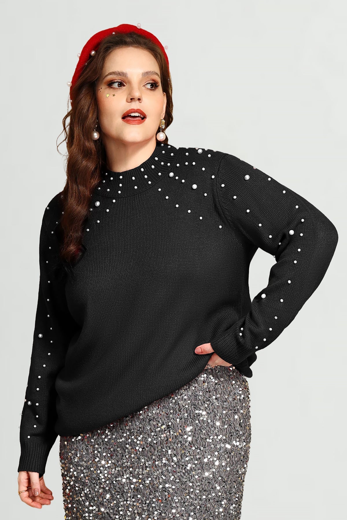 Pearl Embellished Crewneck Long Sleeve Pullover Sweater