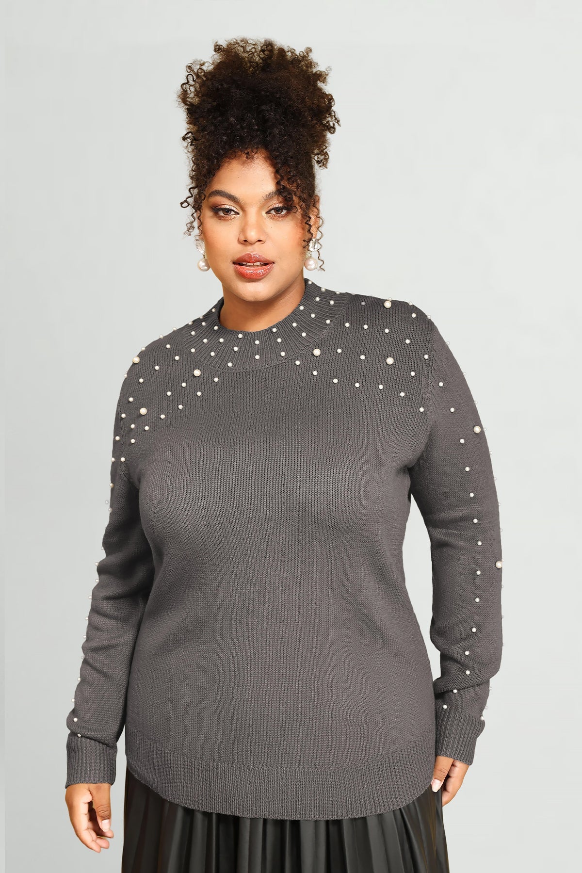 Pearl Embellished Crewneck Long Sleeve Pullover Sweater