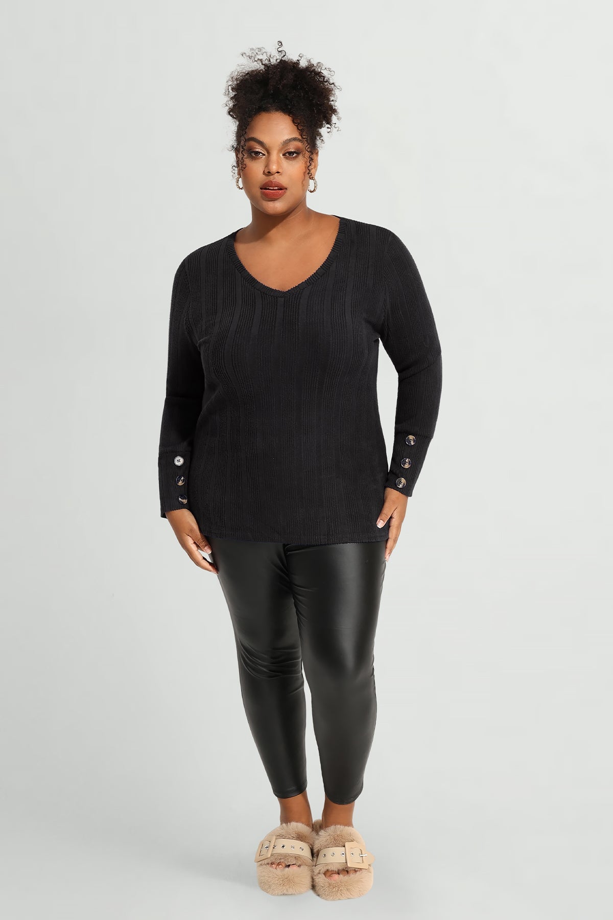 Plain Triple Button U-neckline Long Sleeve T-Shirt