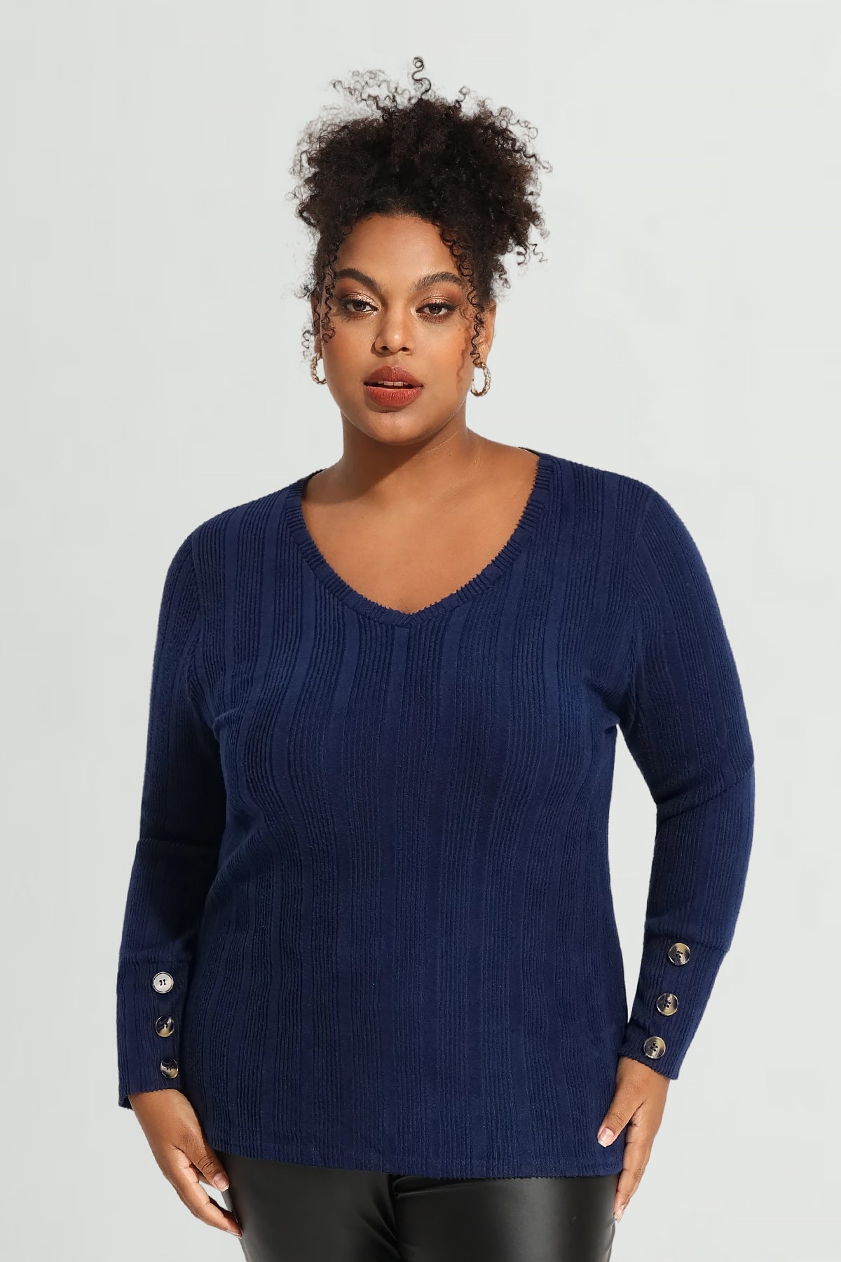 Plain Triple Button U-neckline Long Sleeve T-Shirt