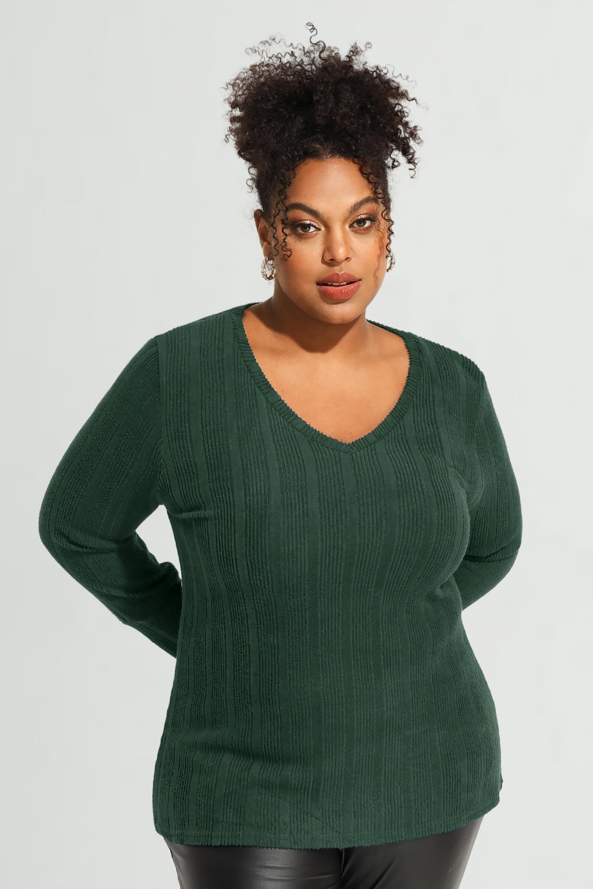 Plain Triple Button U-neckline Long Sleeve T-Shirt