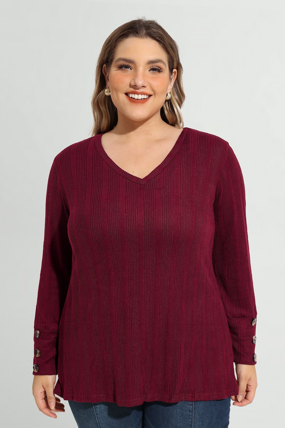 Plain Triple Button U-neckline Long Sleeve T-Shirt