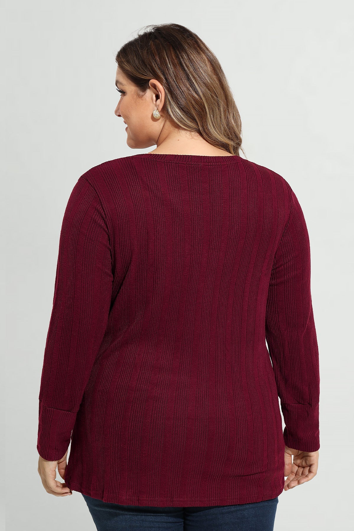 Plain Triple Button U-neckline Long Sleeve T-Shirt