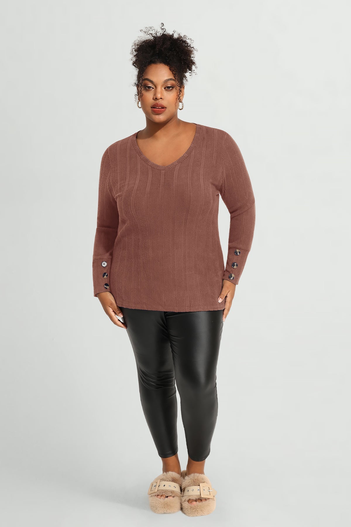 Plain Triple Button U-neckline Long Sleeve T-Shirt