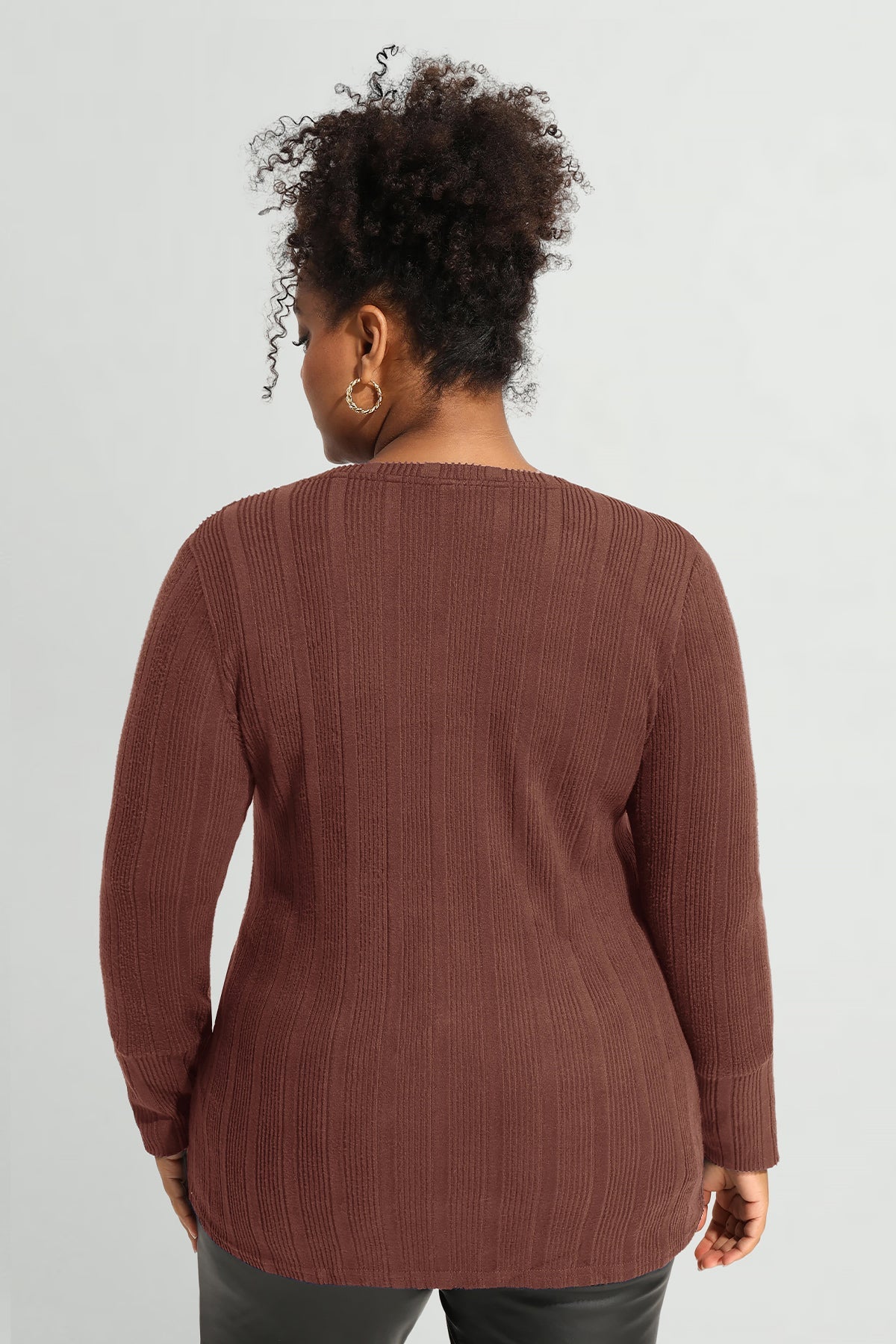 Plain Triple Button U-neckline Long Sleeve T-Shirt