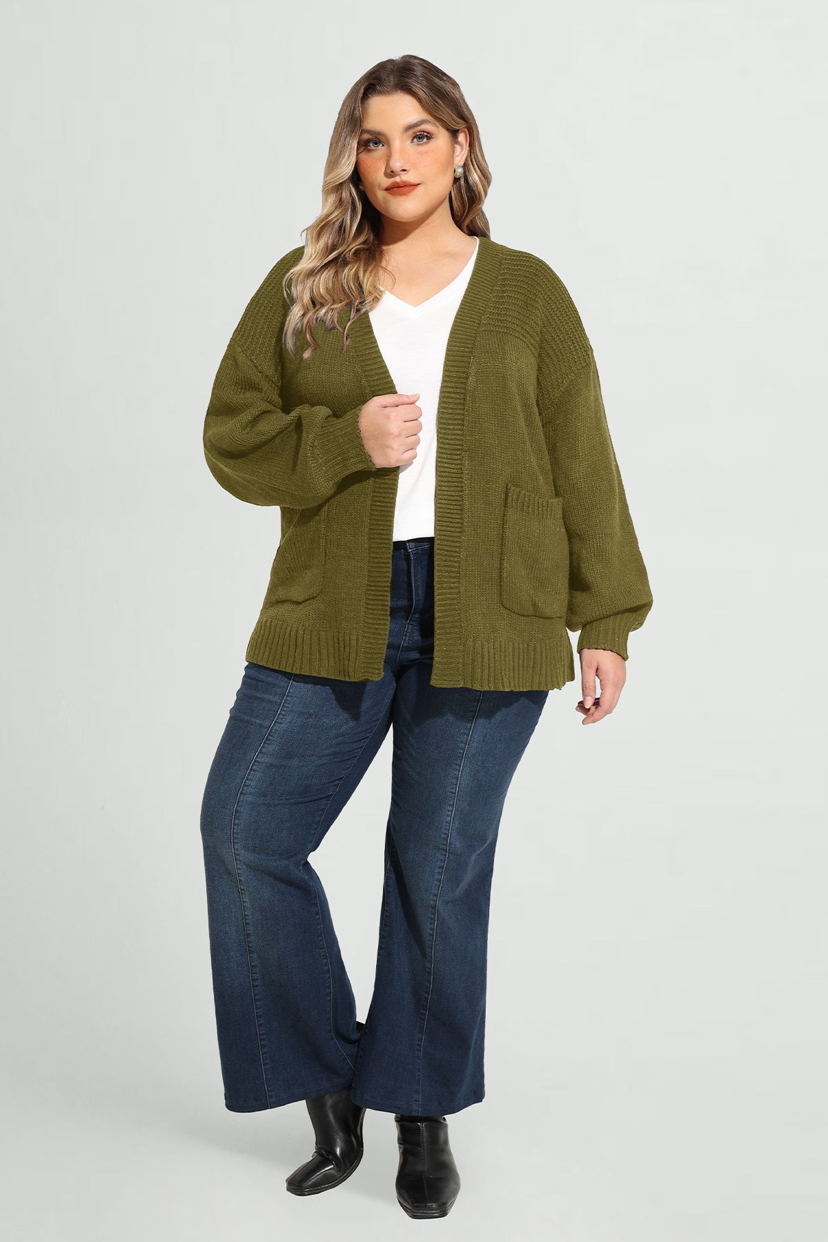 Ritera Olive Green Cozy Open Front Ribbed Knit Cardigan
