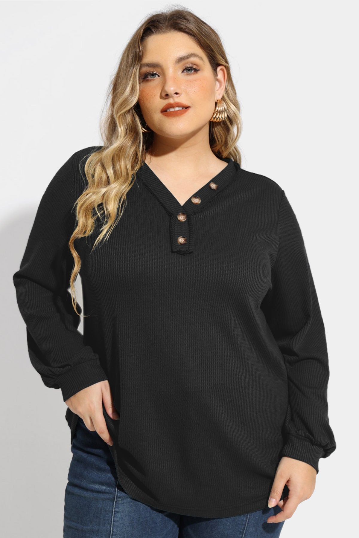 Solid Button Detail V Neck Long Sleeve T-Shirt