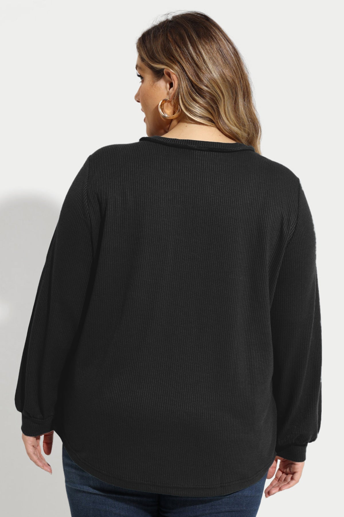 Solid Button Detail V Neck Long Sleeve T-Shirt