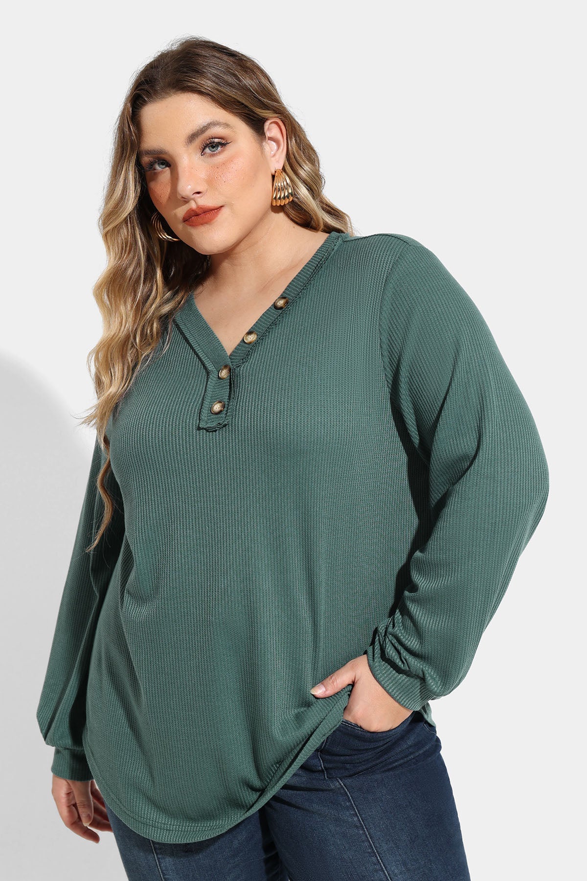 Solid Button Detail V Neck Long Sleeve T-Shirt