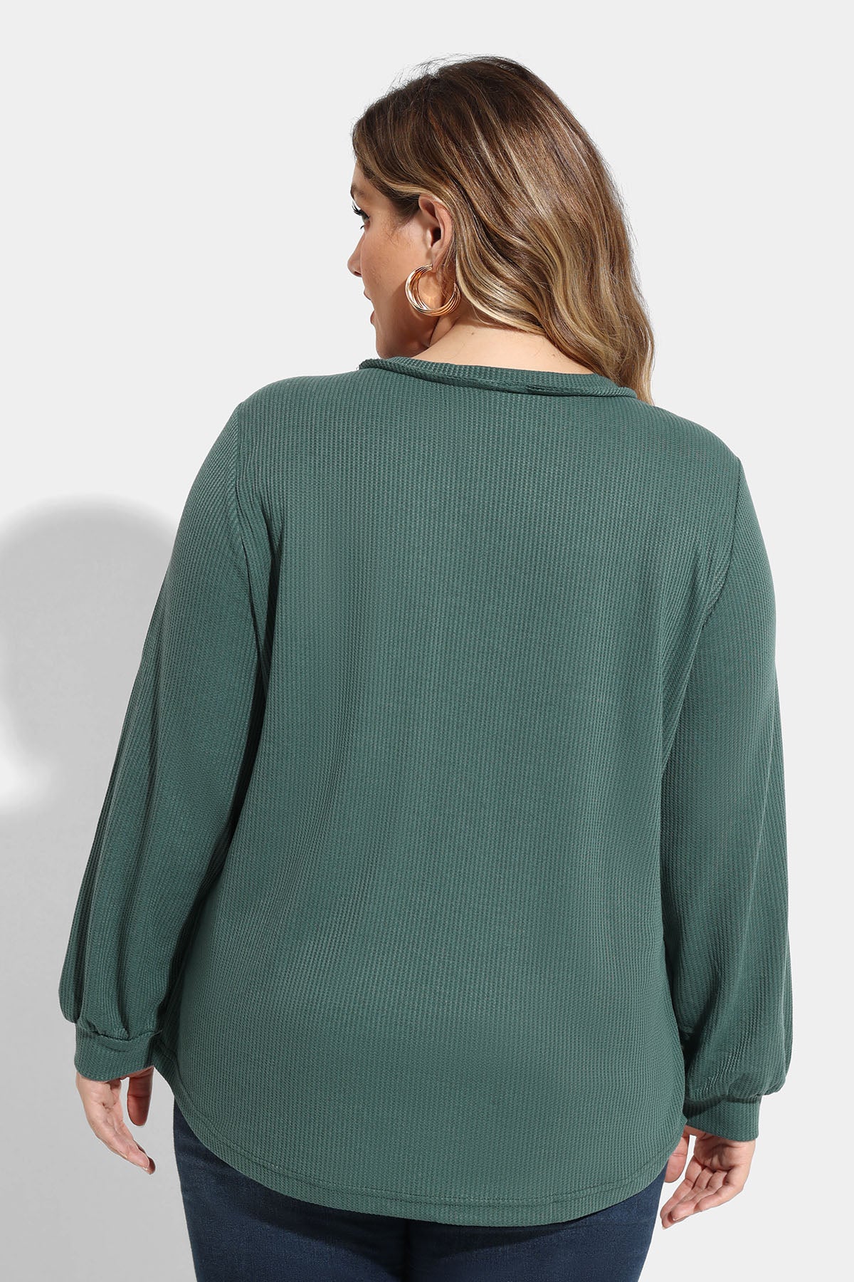 Solid Button Detail V Neck Long Sleeve T-Shirt