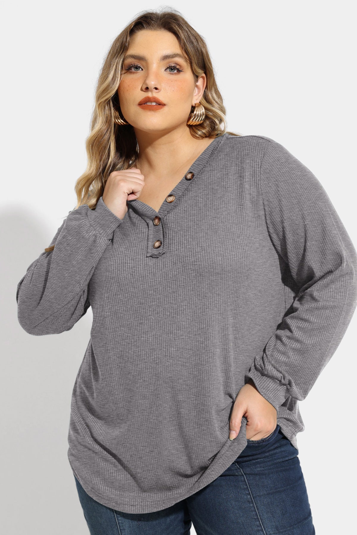 Solid Button Detail V Neck Long Sleeve T-Shirt
