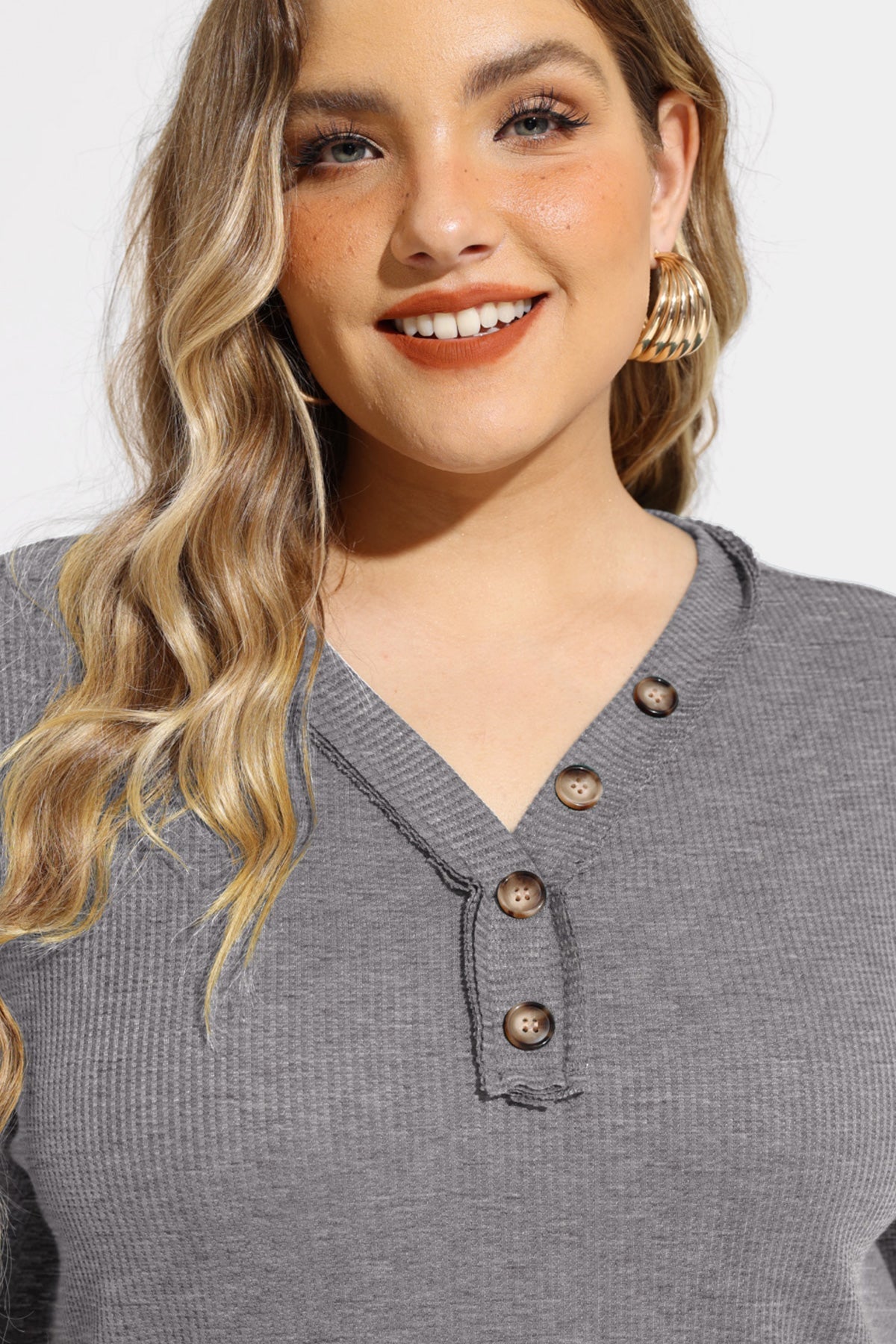 Solid Button Detail V Neck Long Sleeve T-Shirt