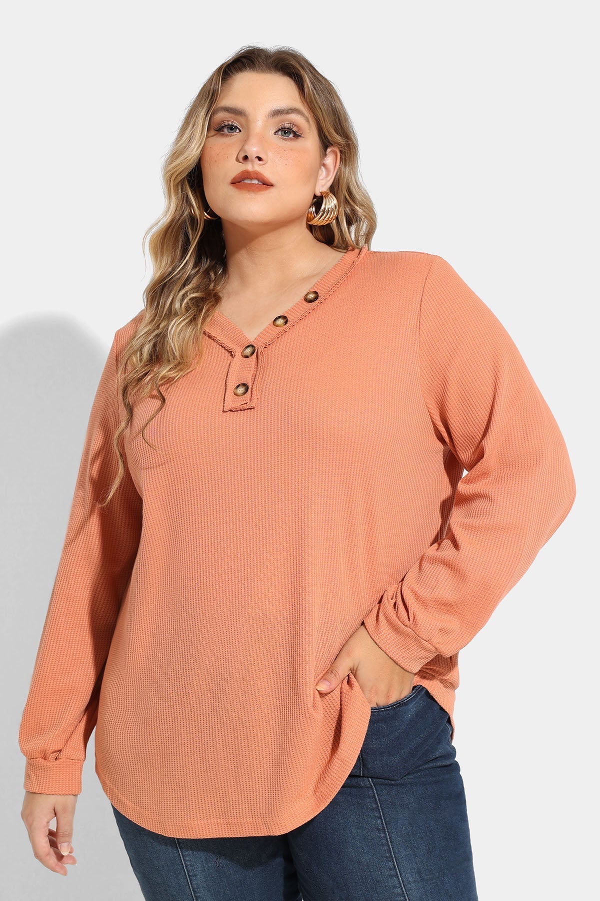 Solid Button Detail V Neck Long Sleeve T-Shirt