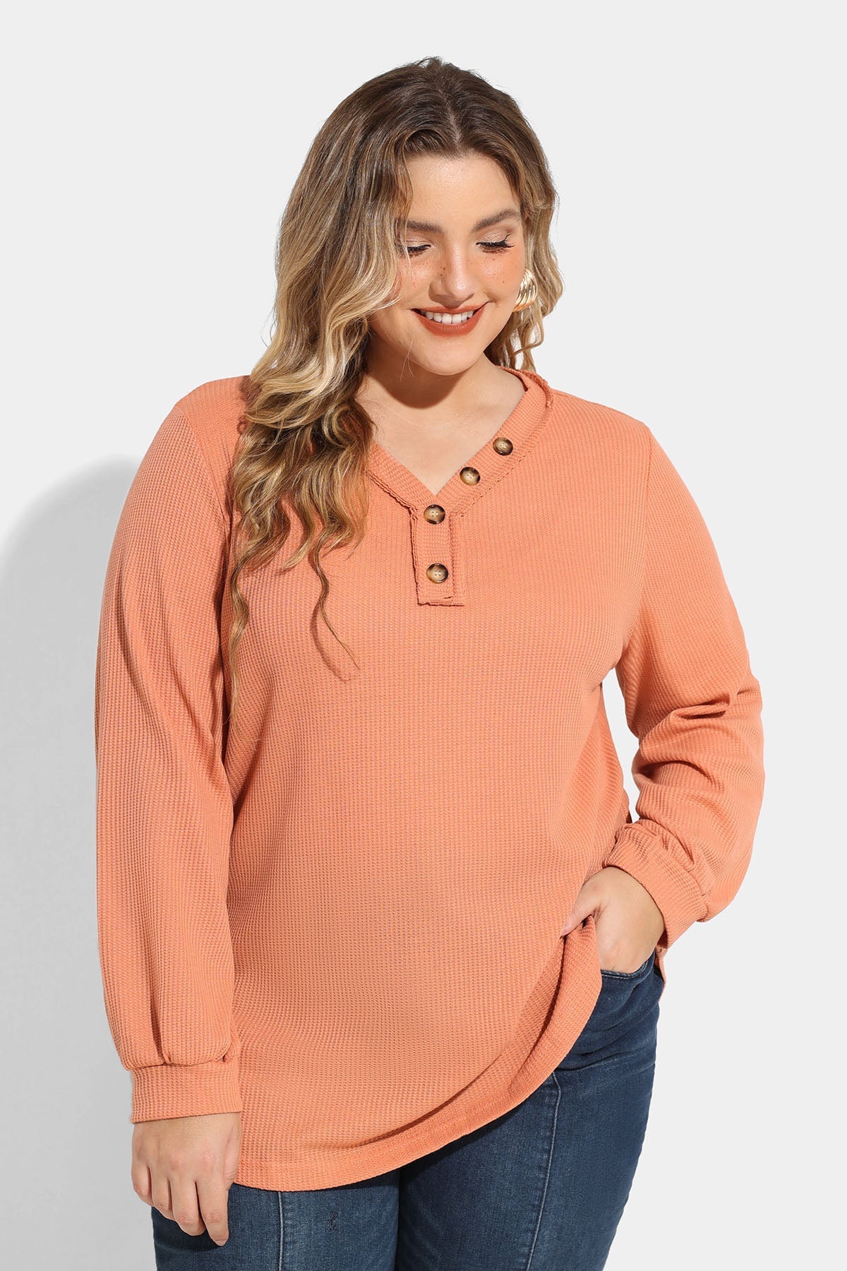 Solid Button Detail V Neck Long Sleeve T-Shirt