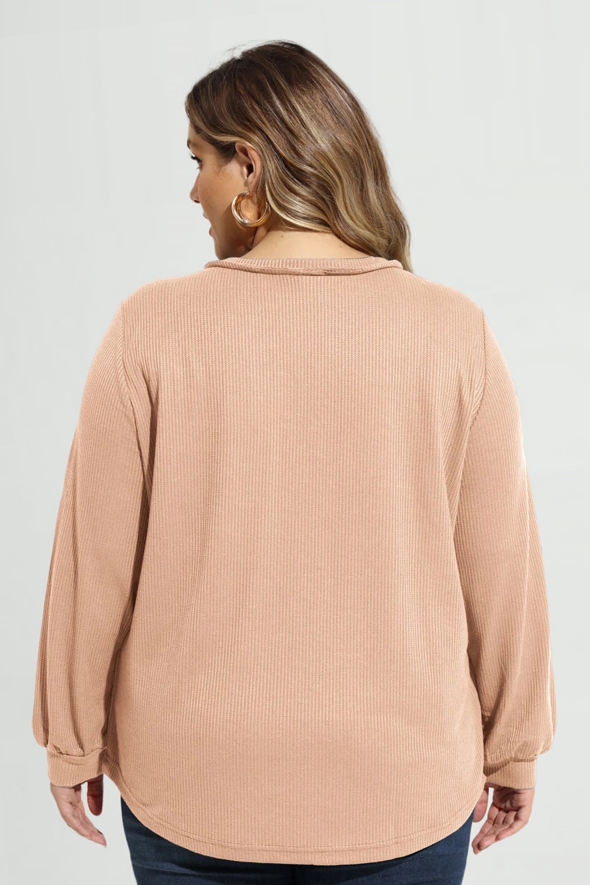 Solid Button Detail V Neck Long Sleeve T-Shirt