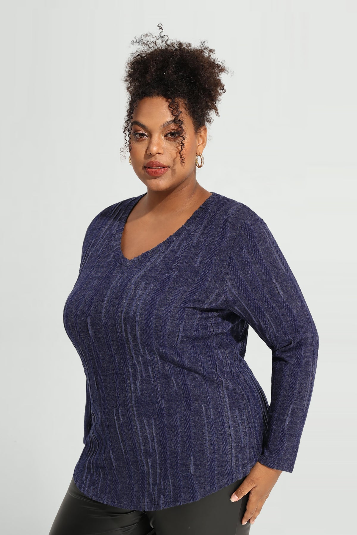 Solid Texture V Neck Knit Long Sleeve T-Shirt