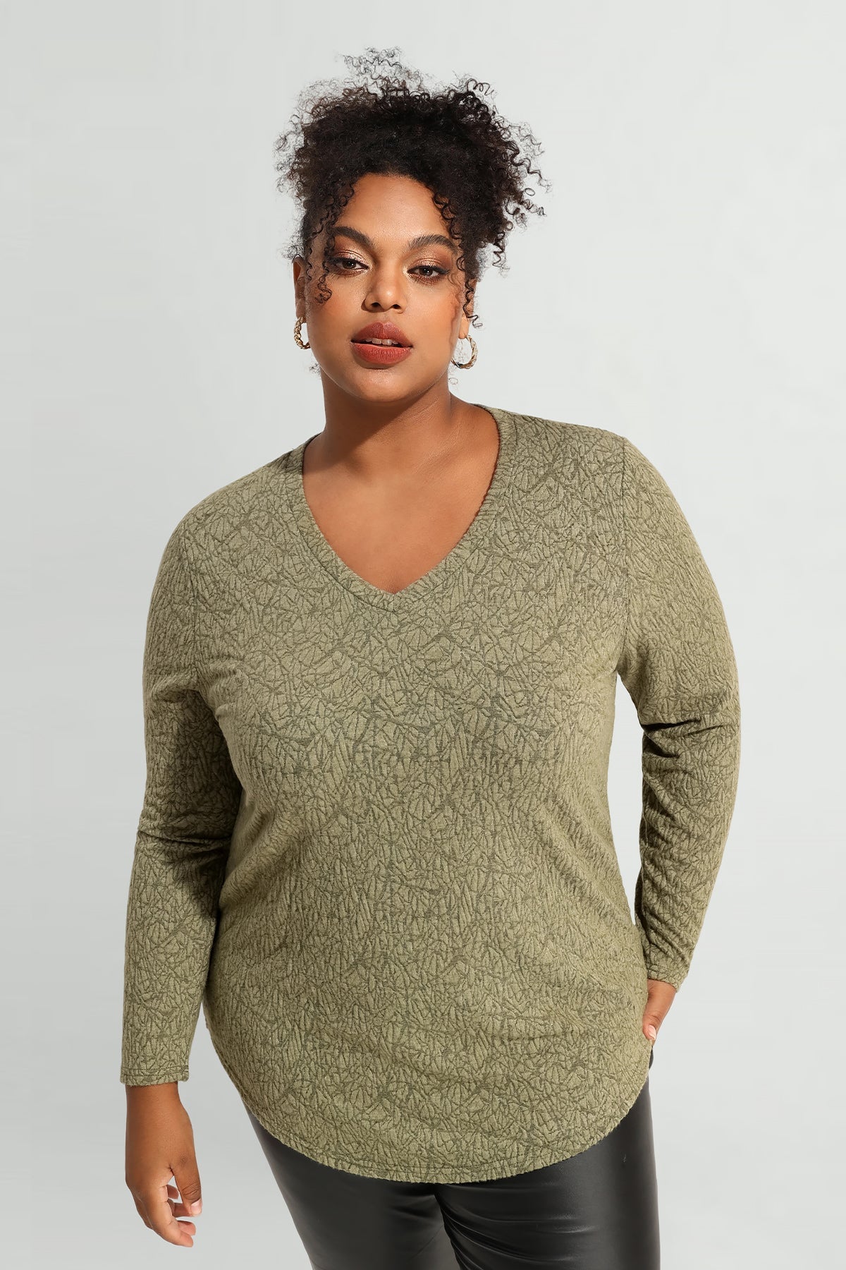 Solid Texture V Neck Knit Long Sleeve T-Shirt