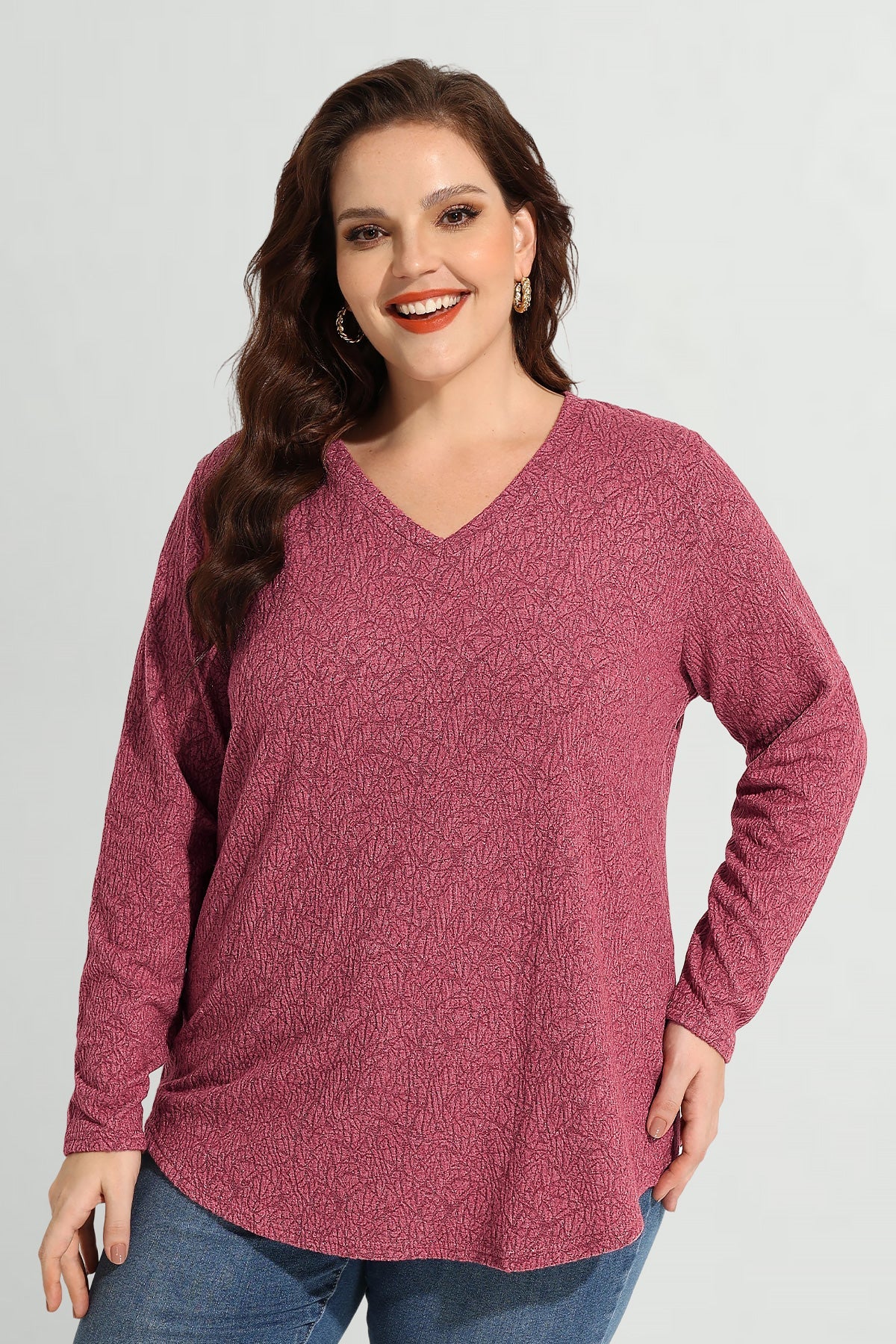 Solid Texture V Neck Knit Long Sleeve T-Shirt