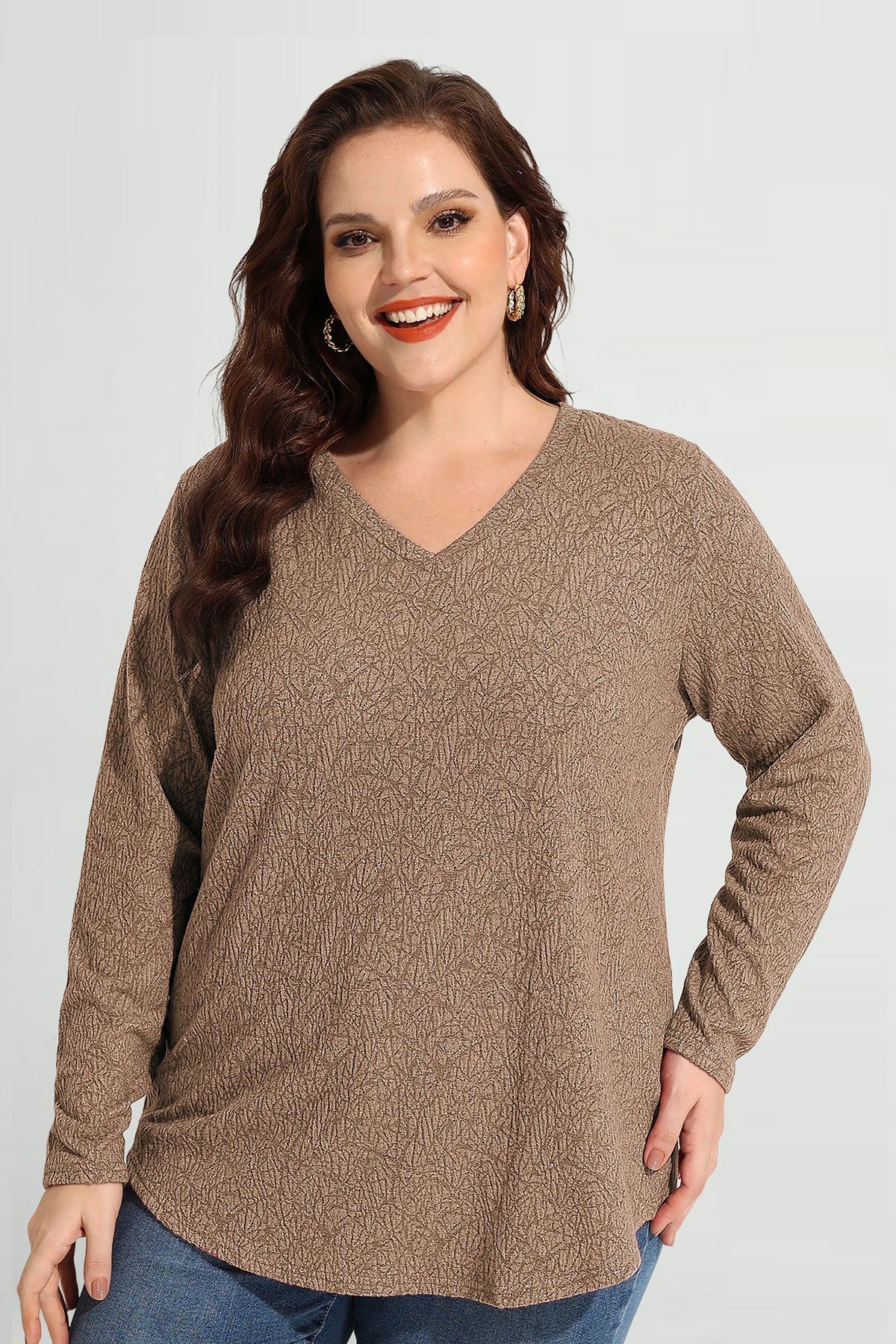 Solid Texture V Neck Knit Long Sleeve T-Shirt